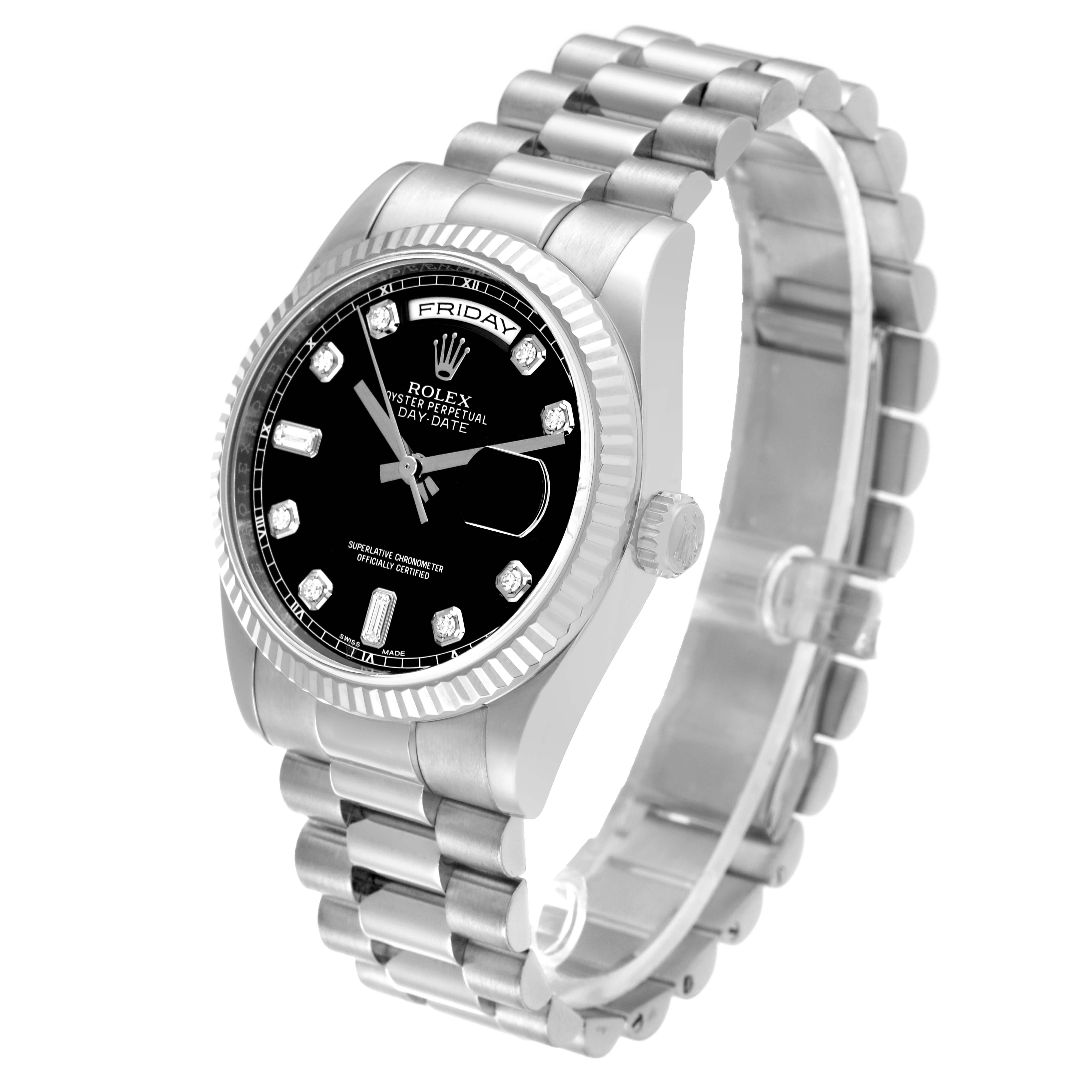 The image shows a Rolex President 118239 Men's White Gold Black Dial 118239 Men's White Gold Black Dial model watch at a slight angle from the front and side, showcasing its bracelet and face.