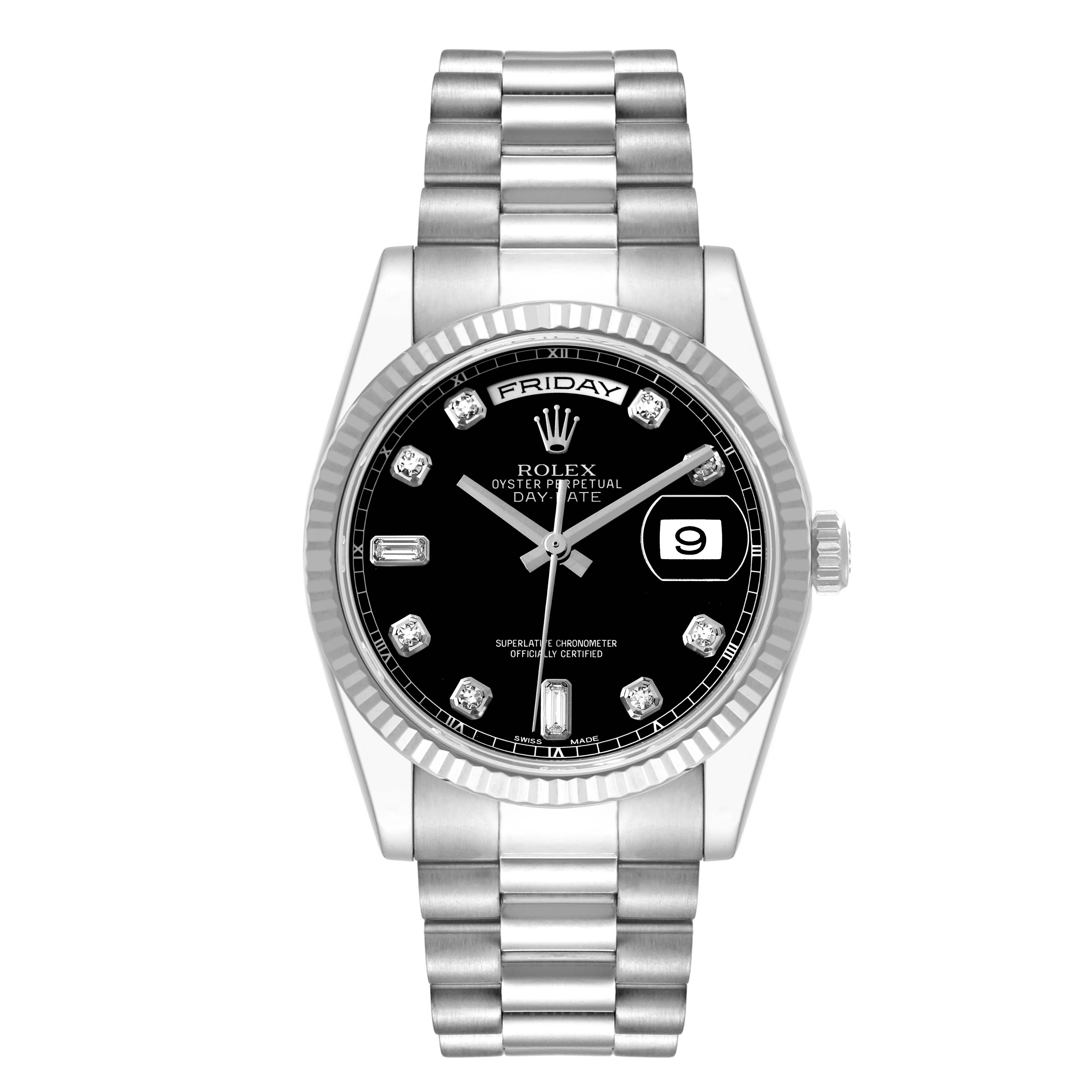 The image shows a Rolex President 118239 Men's White Gold Black Dial 118239 Men's White Gold Black Dial model watch from a front angle, highlighting its dial, bracelet, and fluted bezel.