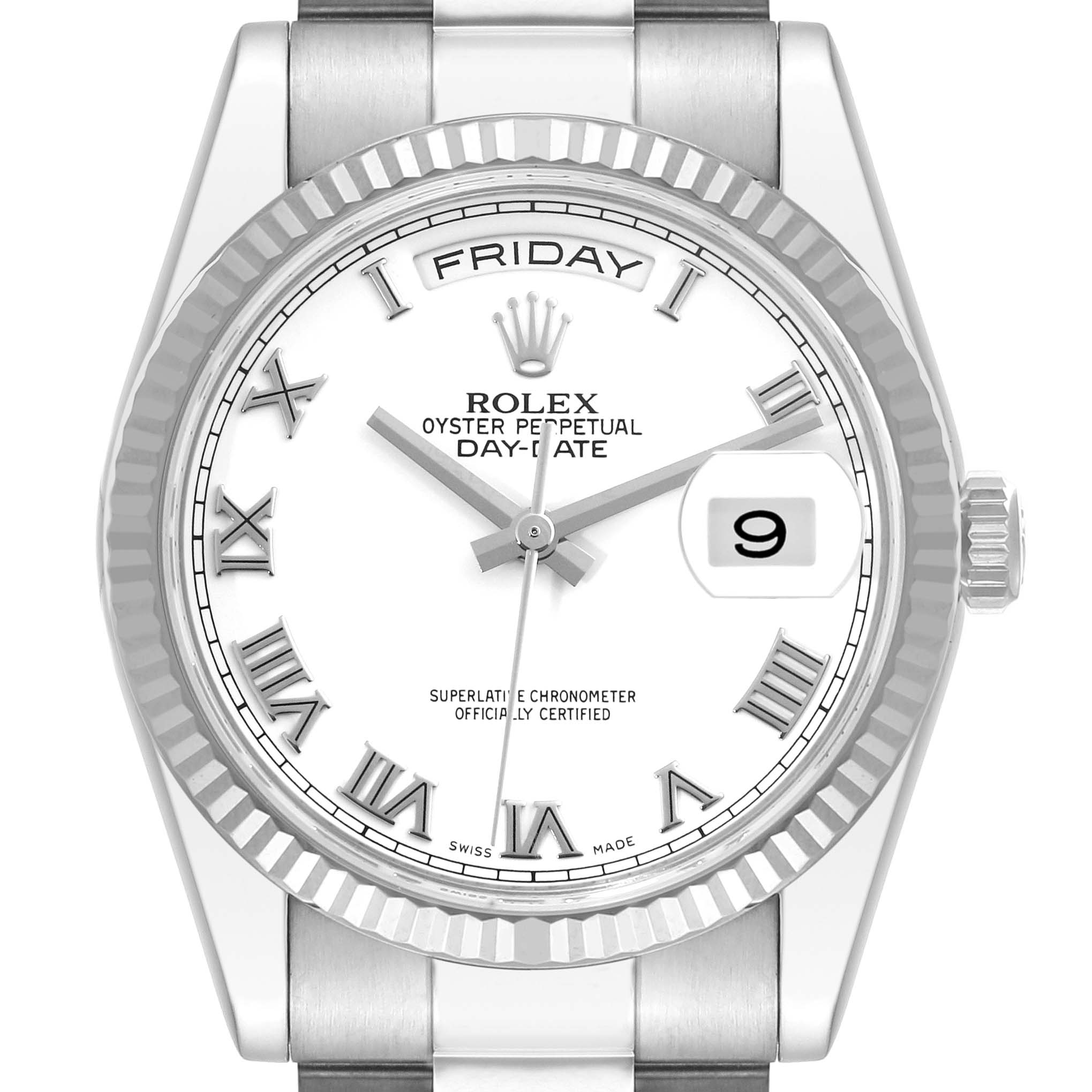 The image shows a front view of the Rolex President 118239 Men's White Gold White Dial 118239 Men's White Gold White Dial Day-Date model, highlighting the face, bezel, and part of the bracelet.
