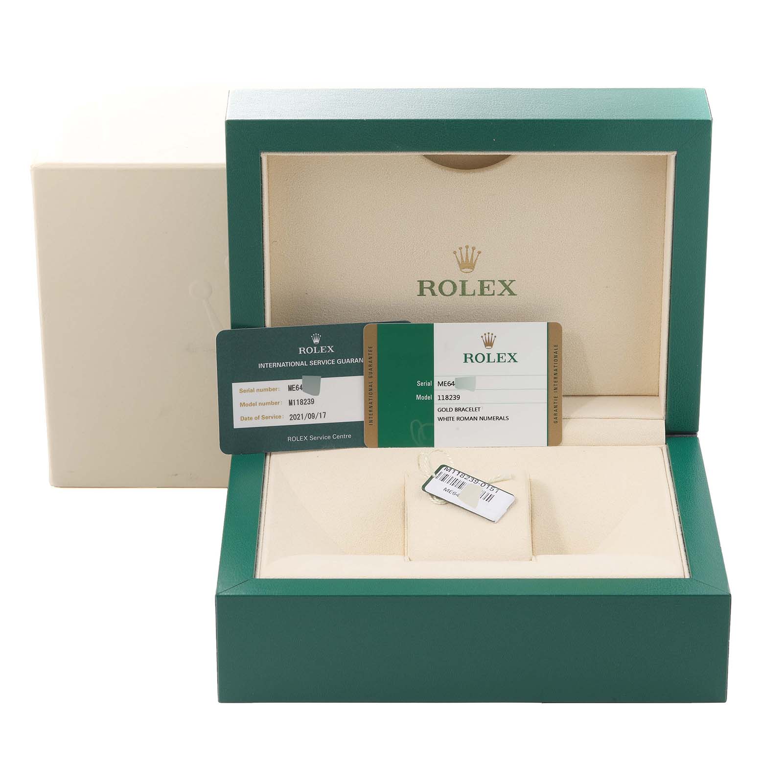 The image shows the packaging and warranty cards of a Rolex President 118239 Men's White Gold White Dial 118239 Men's White Gold White Dial model without the watch.