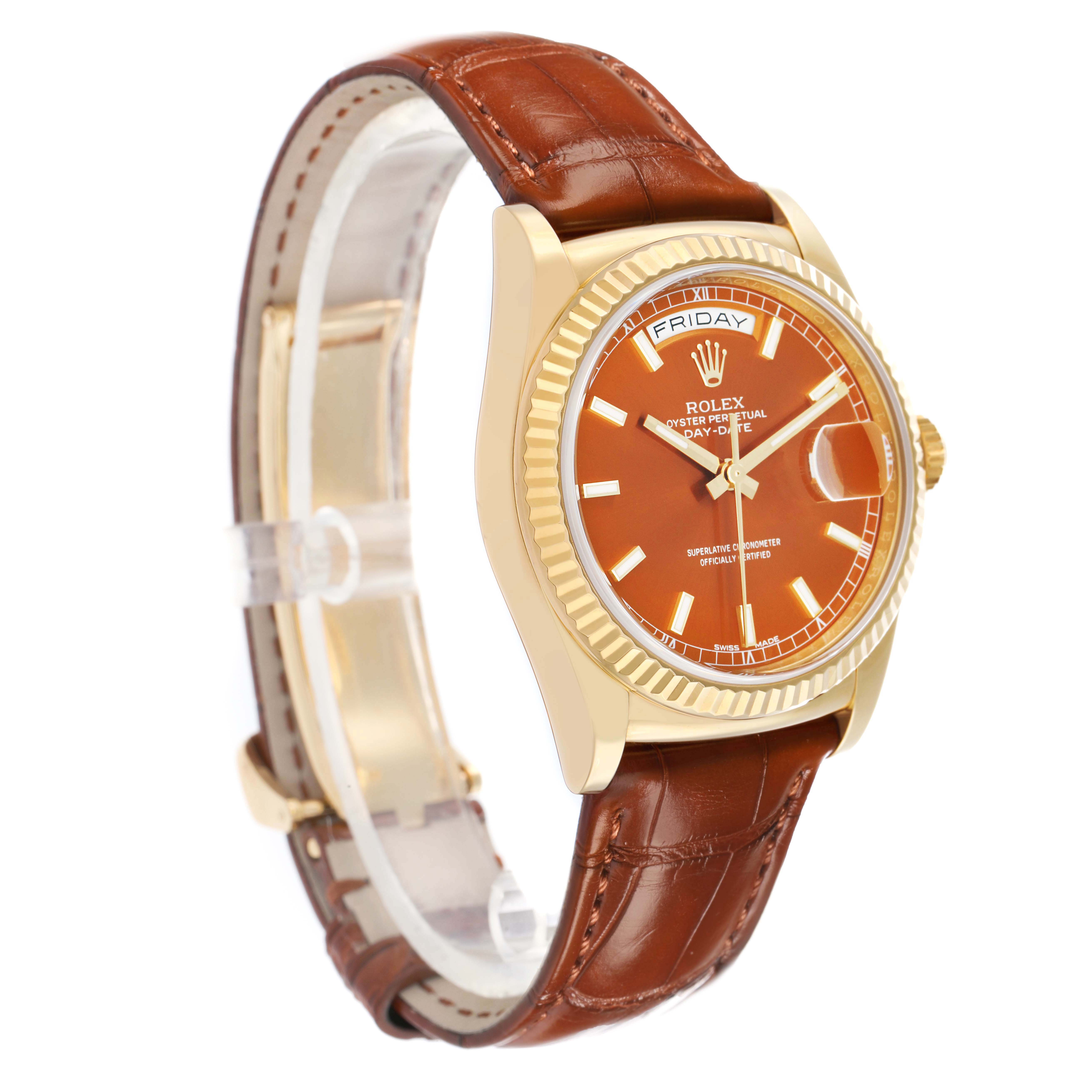 The Rolex President 118139 Men
s Yellow Gold Orange Dial model is shown at a 3/4 angle, displaying the dial, case, bezel, and brown leather strap.
