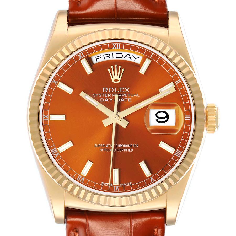 The Rolex President 118139 Men's Yellow Gold Orange Dial Day-Date watch is shown from a frontal angle, showcasing its dial, bezel, crown, and leather strap.