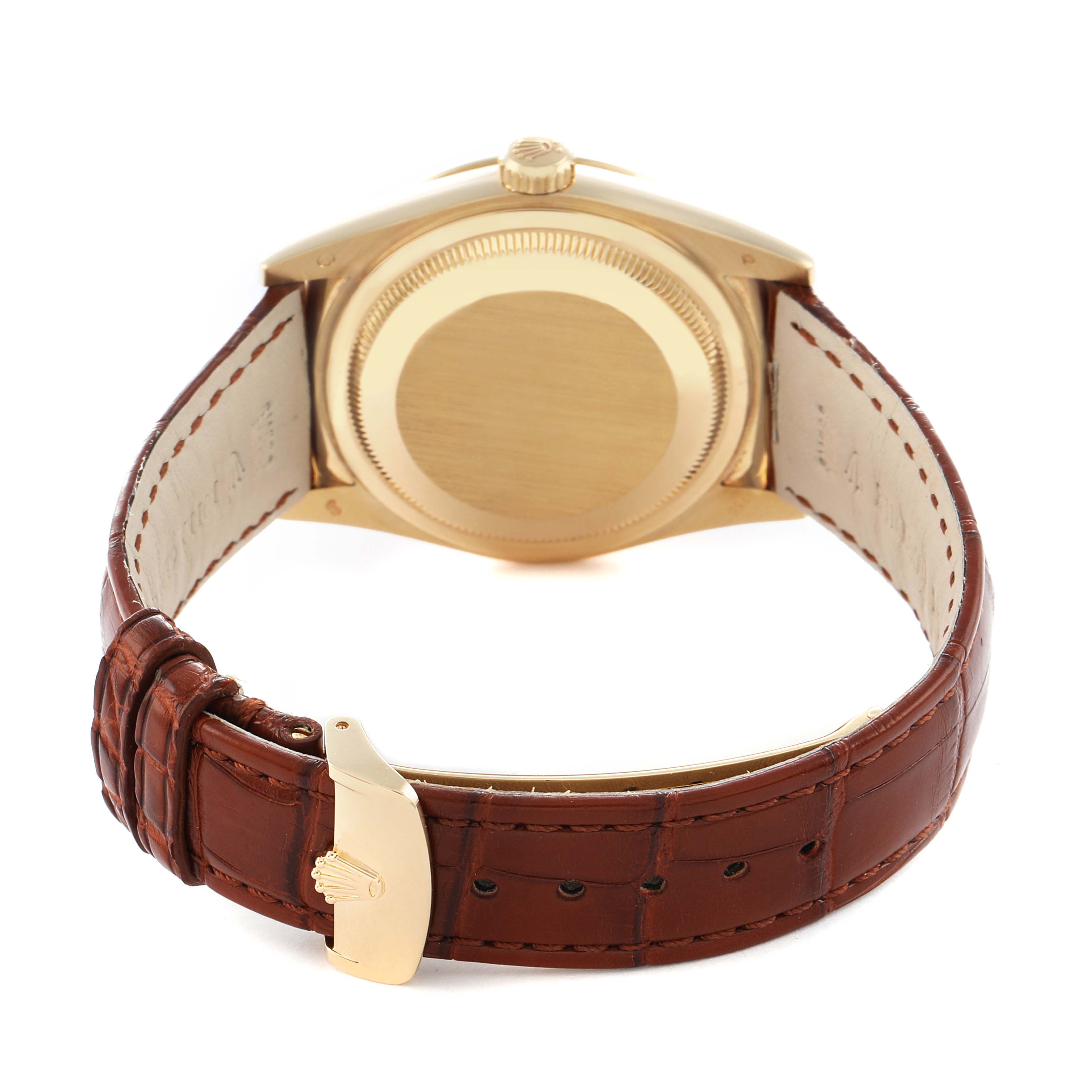 The Rolex President 118139 Men
s Yellow Gold Orange Dial watch is shown from the back, highlighting the case, crown, and brown leather strap with a gold buckle.