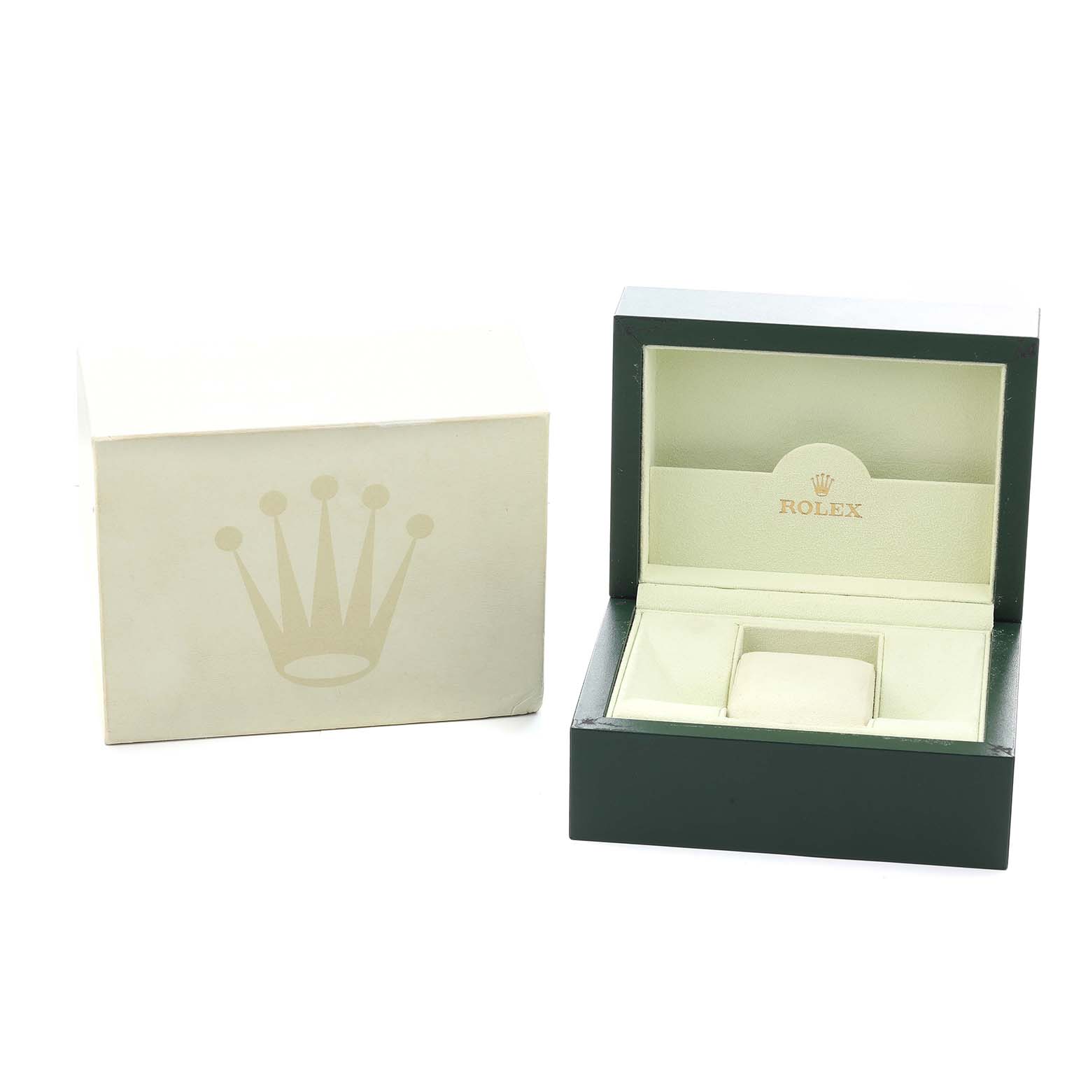 The image shows a Rolex President 118139 Men
s Yellow Gold Orange Dial model watch box and outer box, viewed from the front, with the lid open.