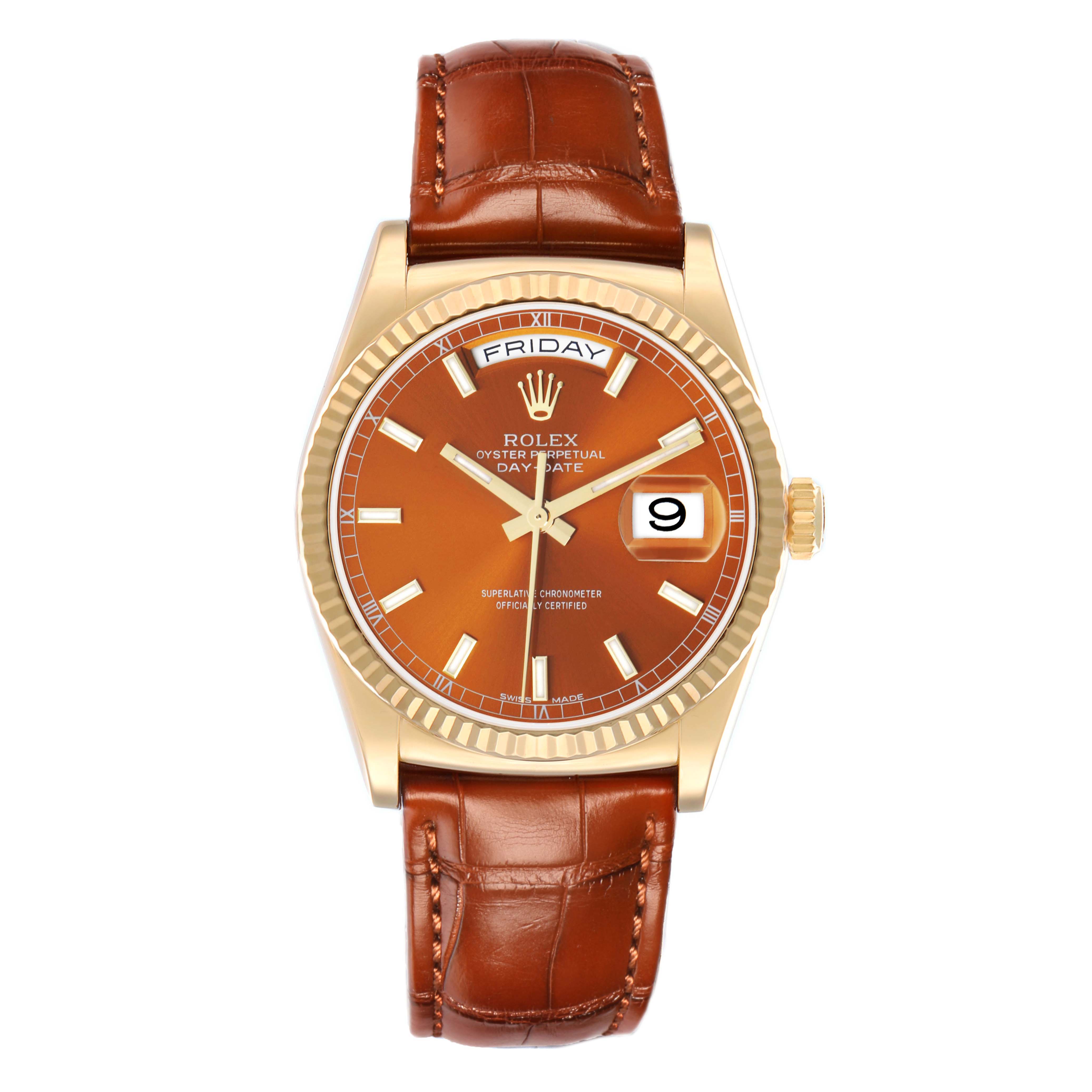 The Rolex President 118139 Men
s Yellow Gold Orange Dial watch is shown from a front angle, highlighting its face, dial, and brown leather strap.