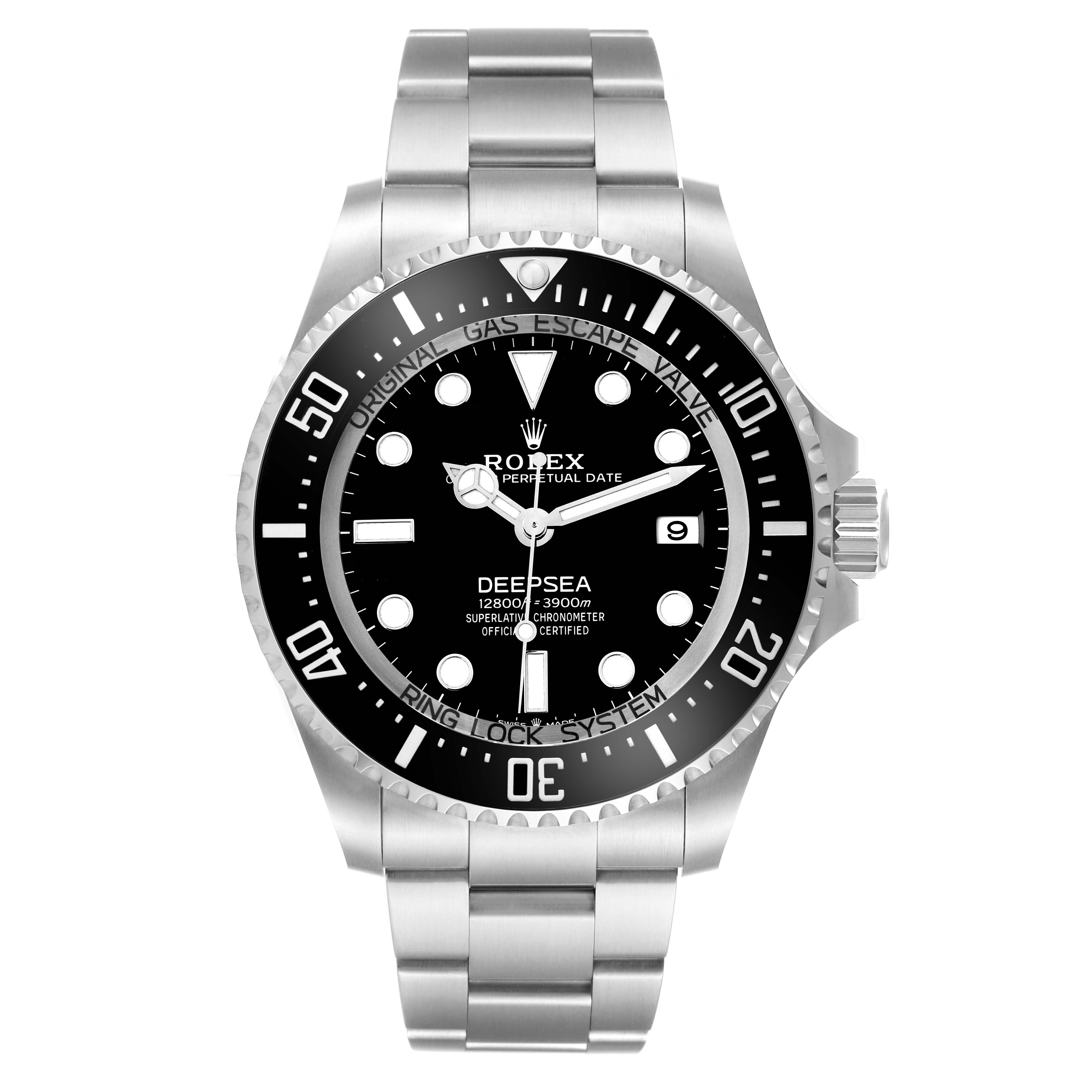 The Rolex Sea-Dweller 136660 Men
s Stainless Steel Black Dial watch is shown from a direct front view, displaying the face, bezel, crown, and bracelet.