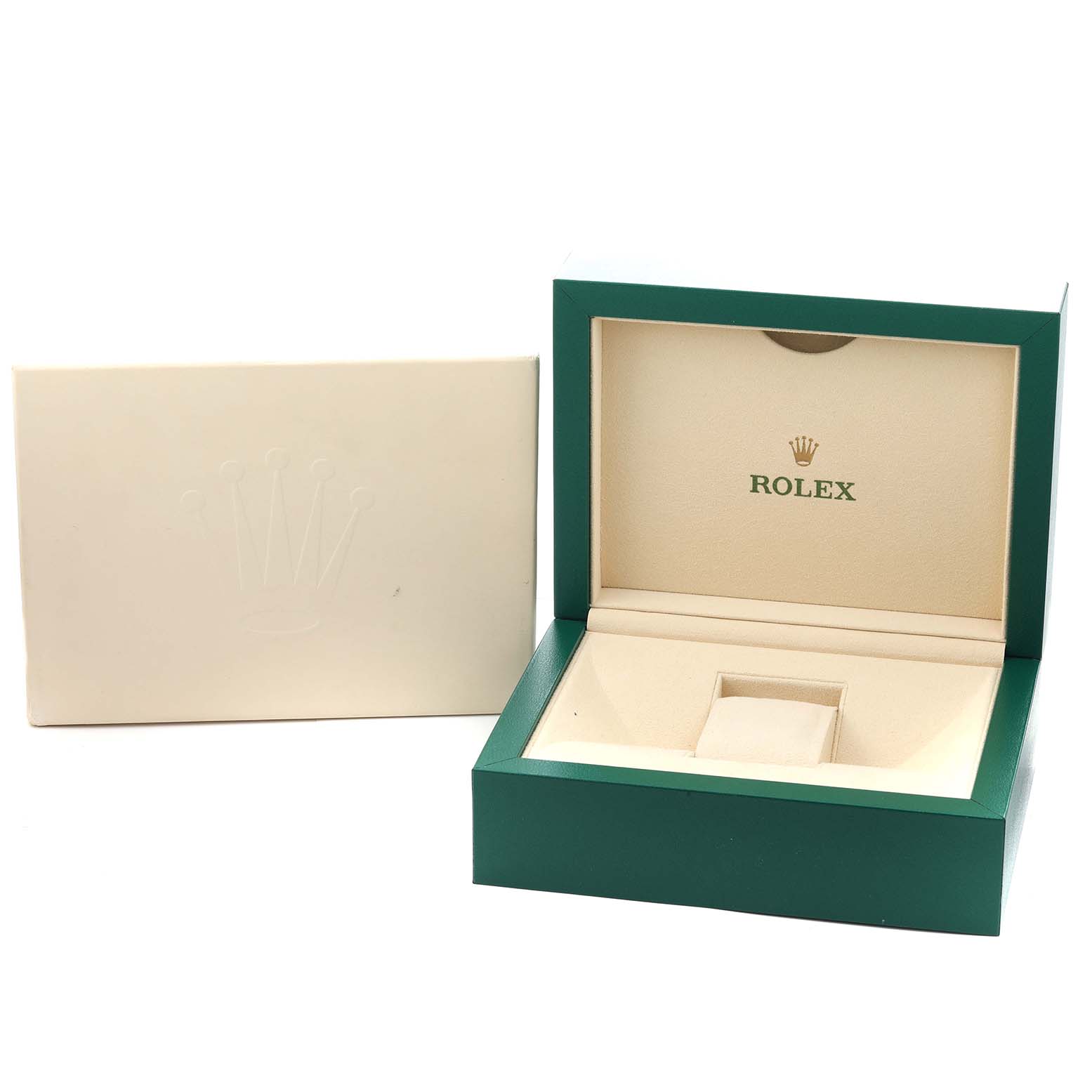 The image shows an open Rolex Sea-Dweller 136660 Men
s Stainless Steel Black Dial watch box with its lid upright and a beige outer cover to the side.