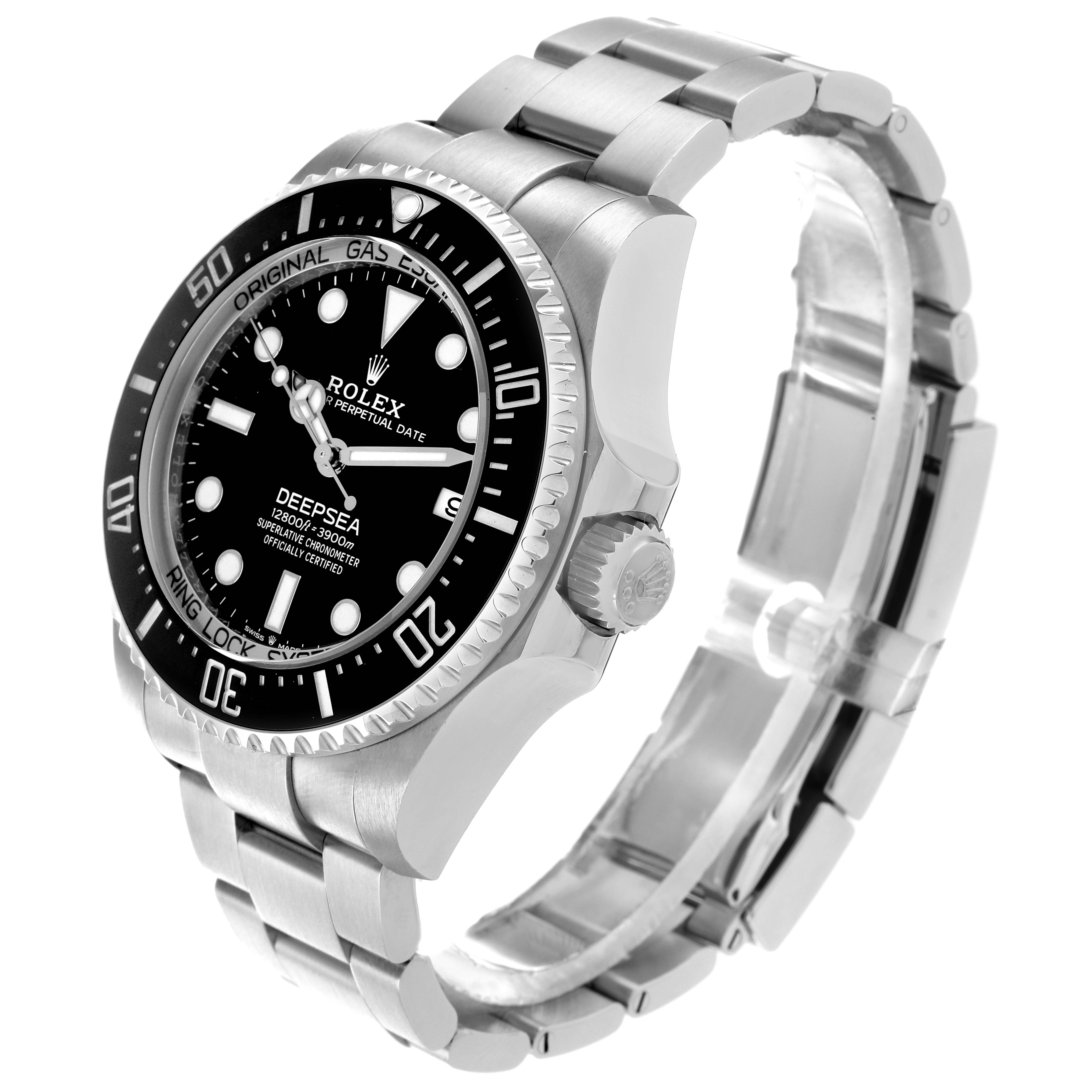 The Rolex Sea-Dweller 136660 Men
s Stainless Steel Black Dial model is shown at an angled side view, displaying the dial, bezel, crown, and bracelet.