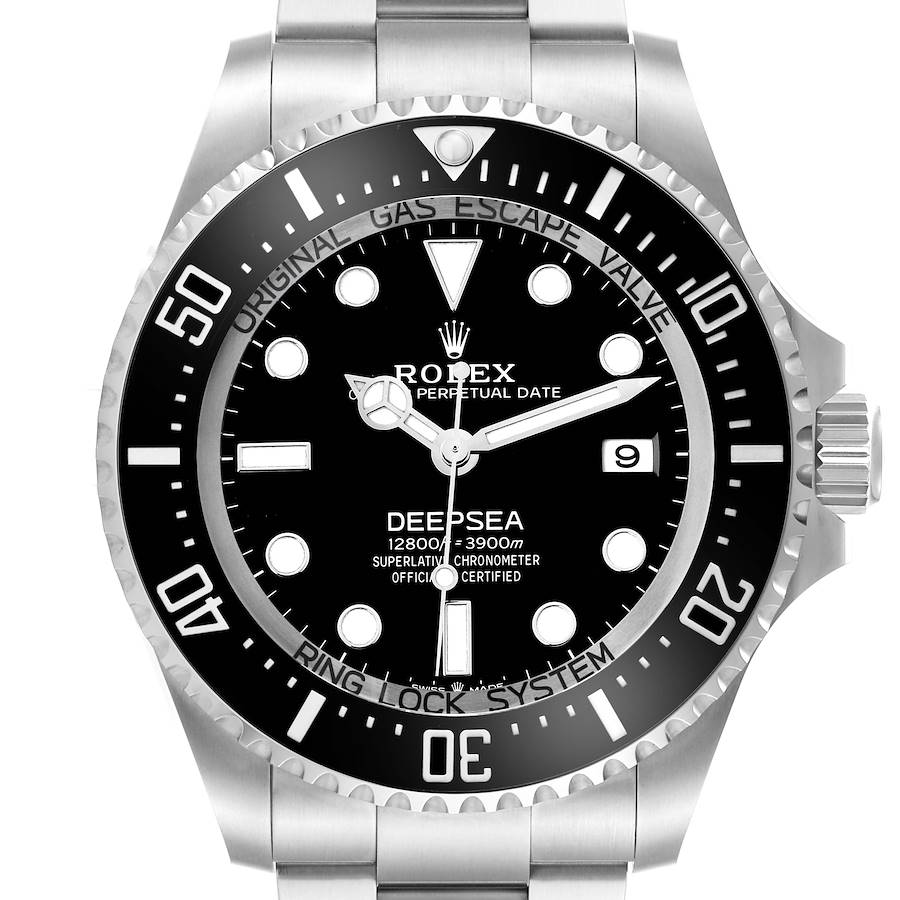 The Rolex Sea-Dweller 136660 Men's Stainless Steel Black Dial is shown from a front angle, highlighting the dial, bezel, and crown.