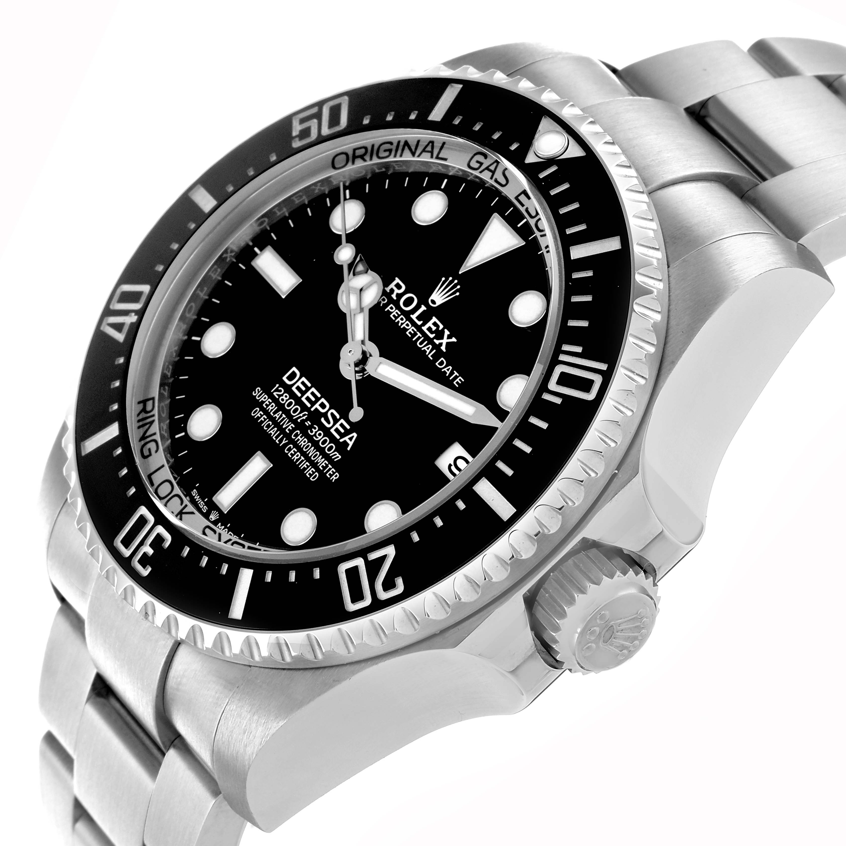 The Rolex Sea-Dweller 136660 Men
s Stainless Steel Black Dial watch is shown at an angled close-up highlighting the bezel, dial, crown, and bracelet.