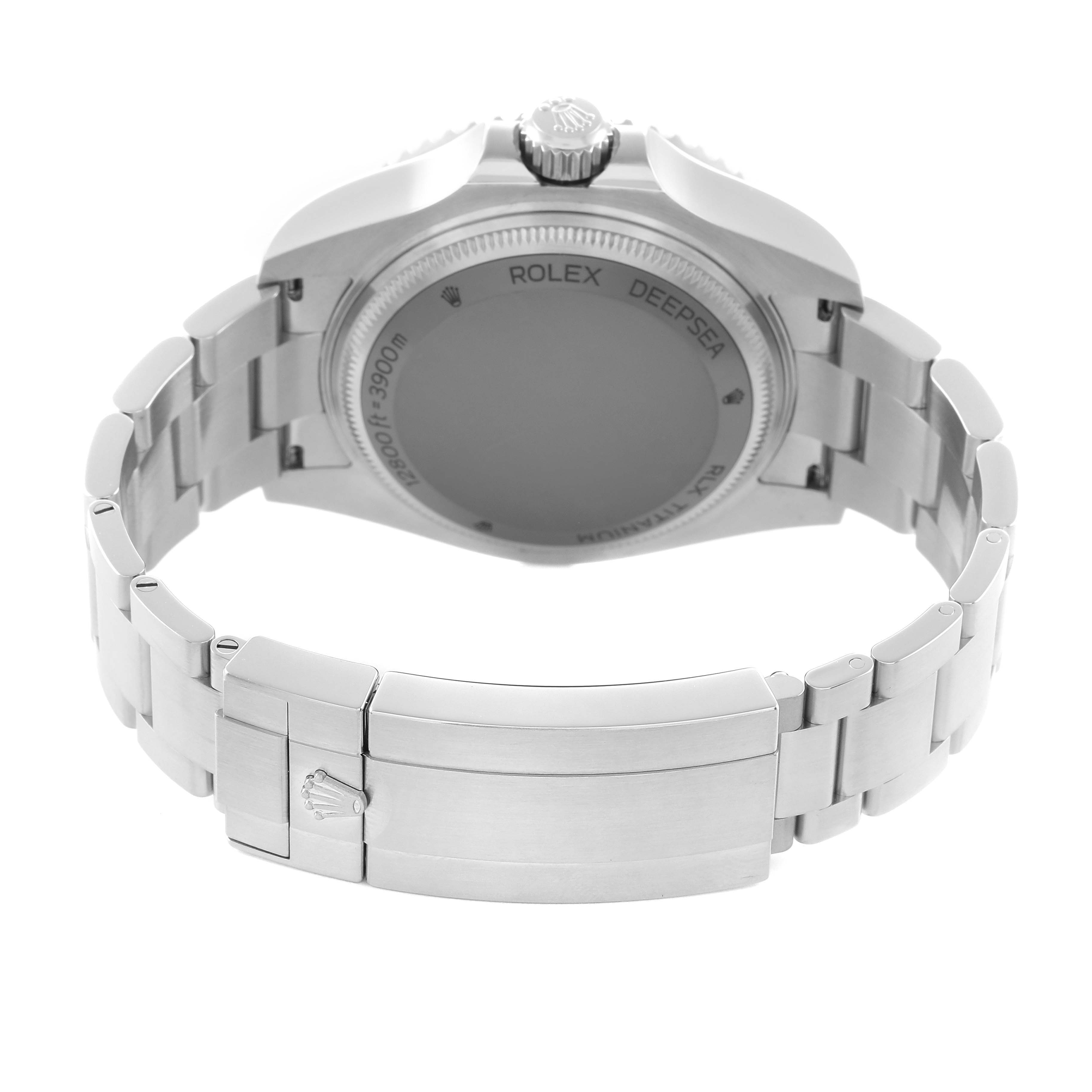 The image shows the back and bracelet of a Rolex Sea-Dweller 136660 Men
s Stainless Steel Black Dial watch, highlighting the clasp and case back.