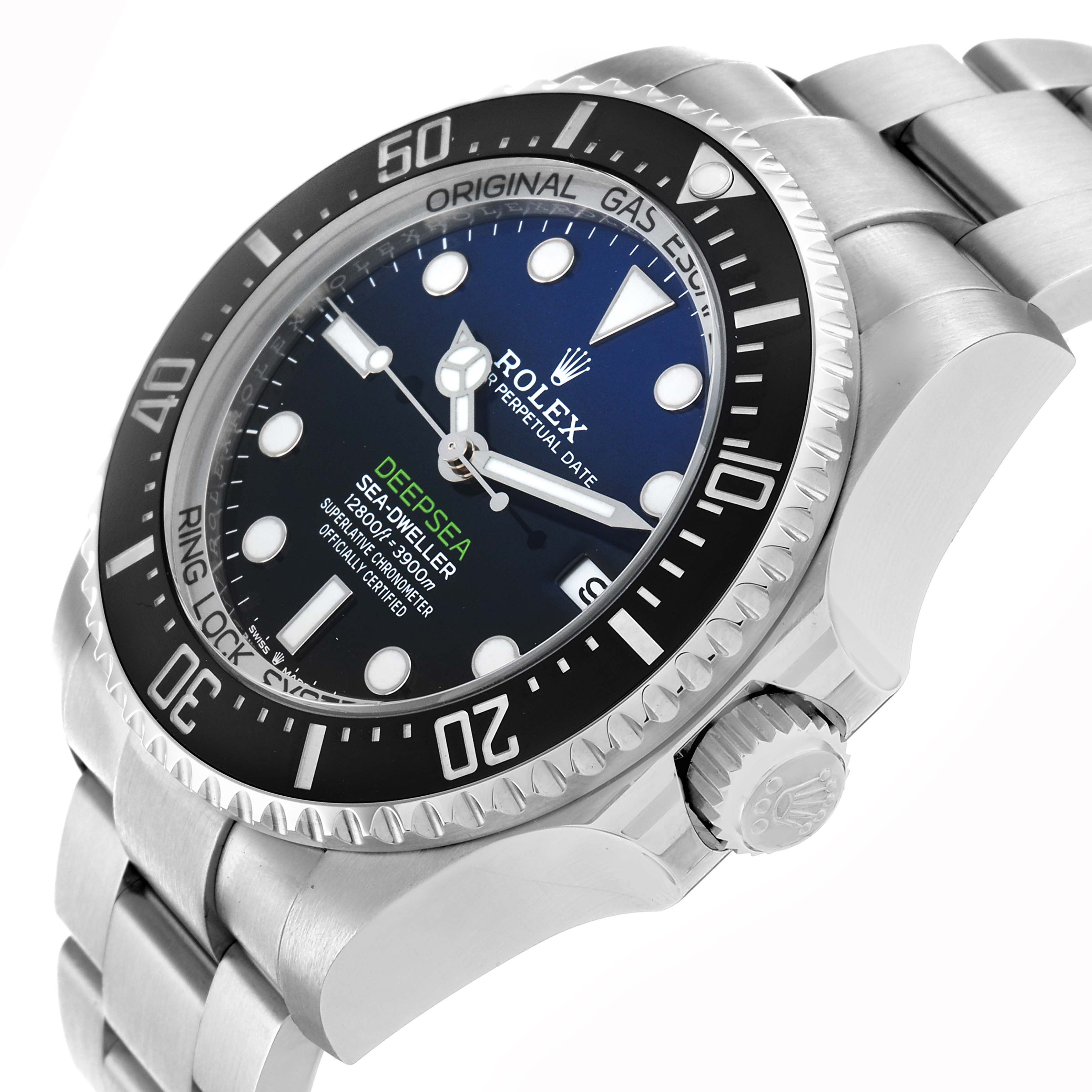 The Rolex Sea-Dweller 136660 Men
s Stainless Steel Blue Dial is shown at a slight angle, displaying the face, bezel, and part of the bracelet.