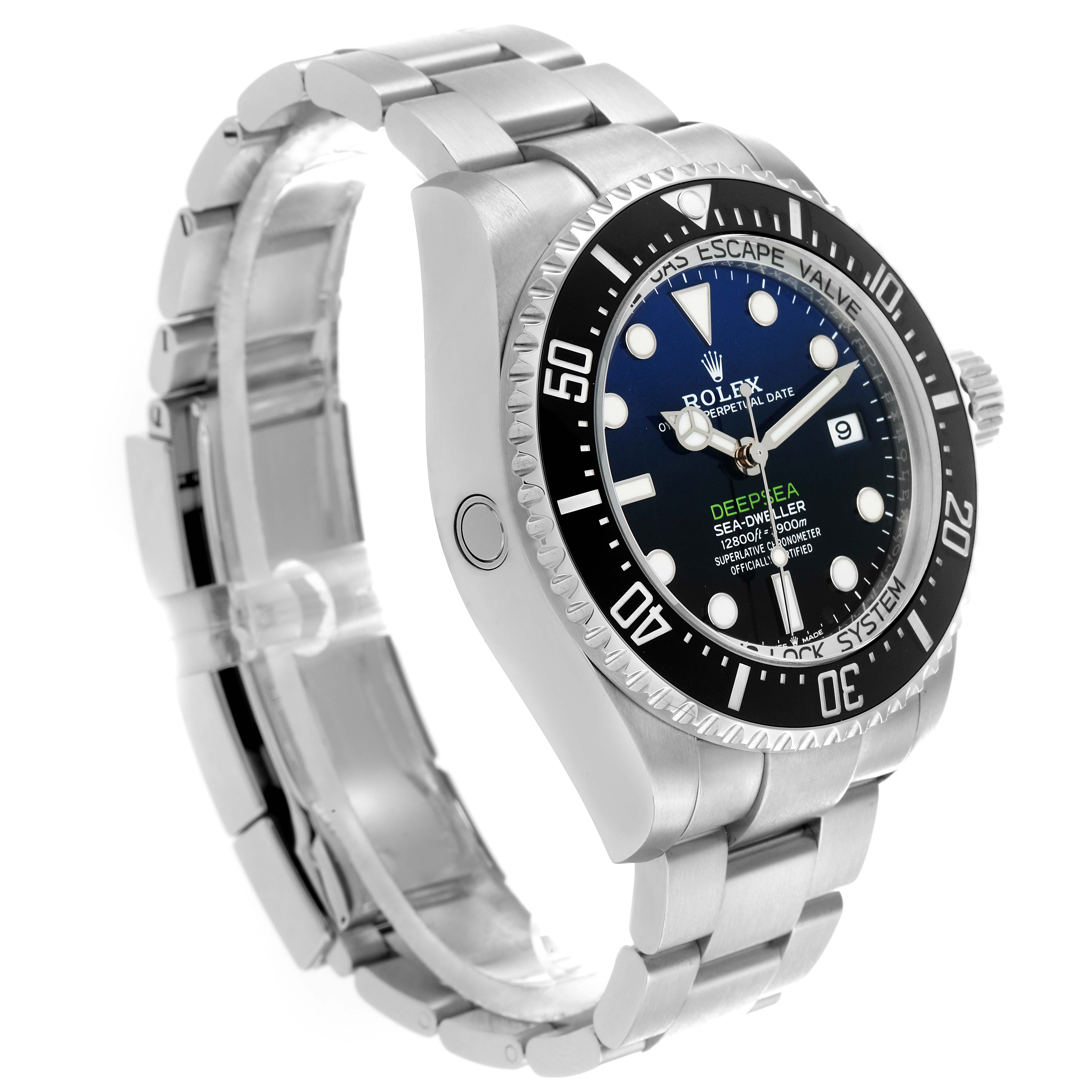 The image shows a side angle of the Rolex Sea-Dweller 136660 Men
s Stainless Steel Blue Dial, highlighting the bezel, dial, and bracelet.