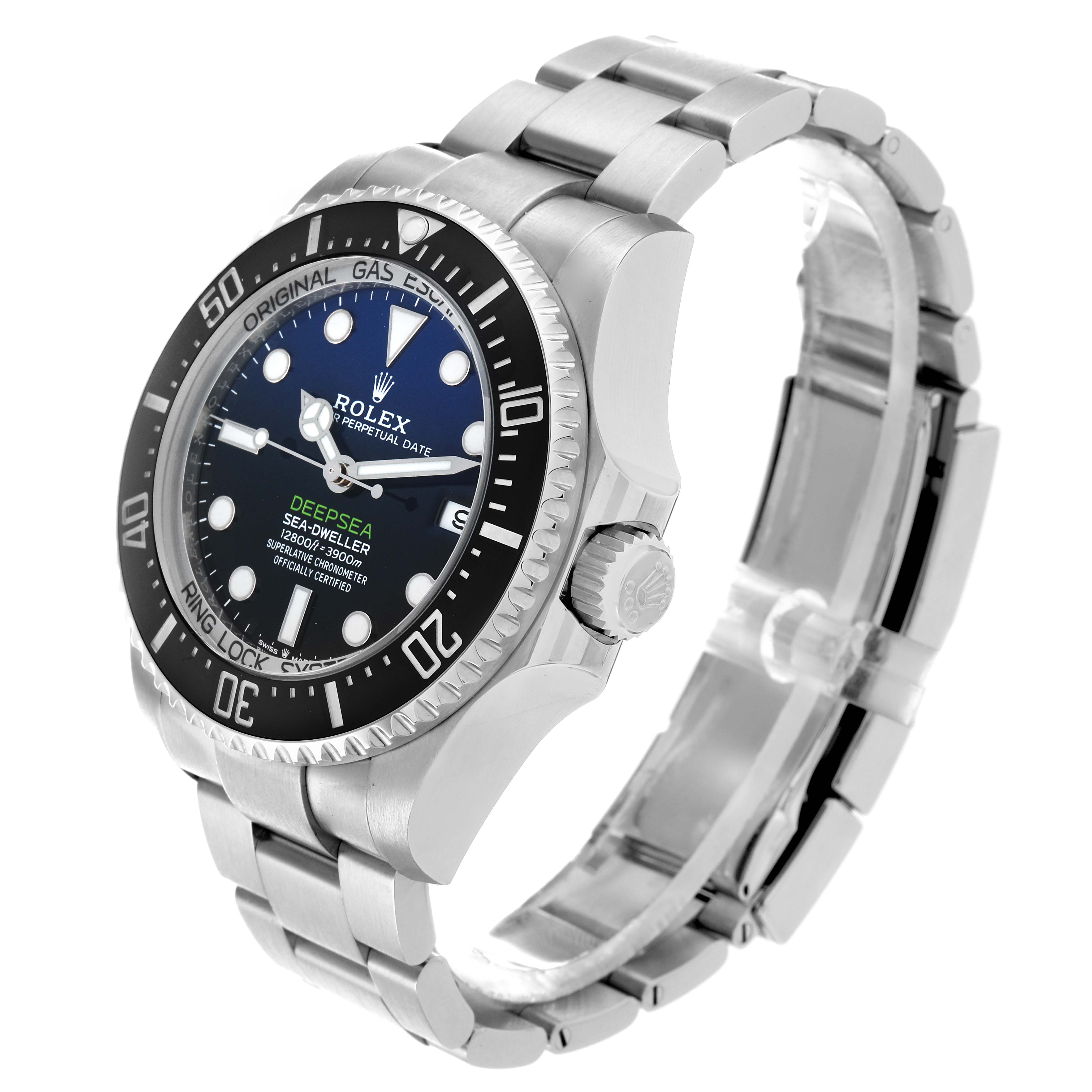 The Rolex Sea-Dweller 136660 Men
s Stainless Steel Blue Dial watch is angled to show the bezel, dial, bracelet, and crown on the right side.