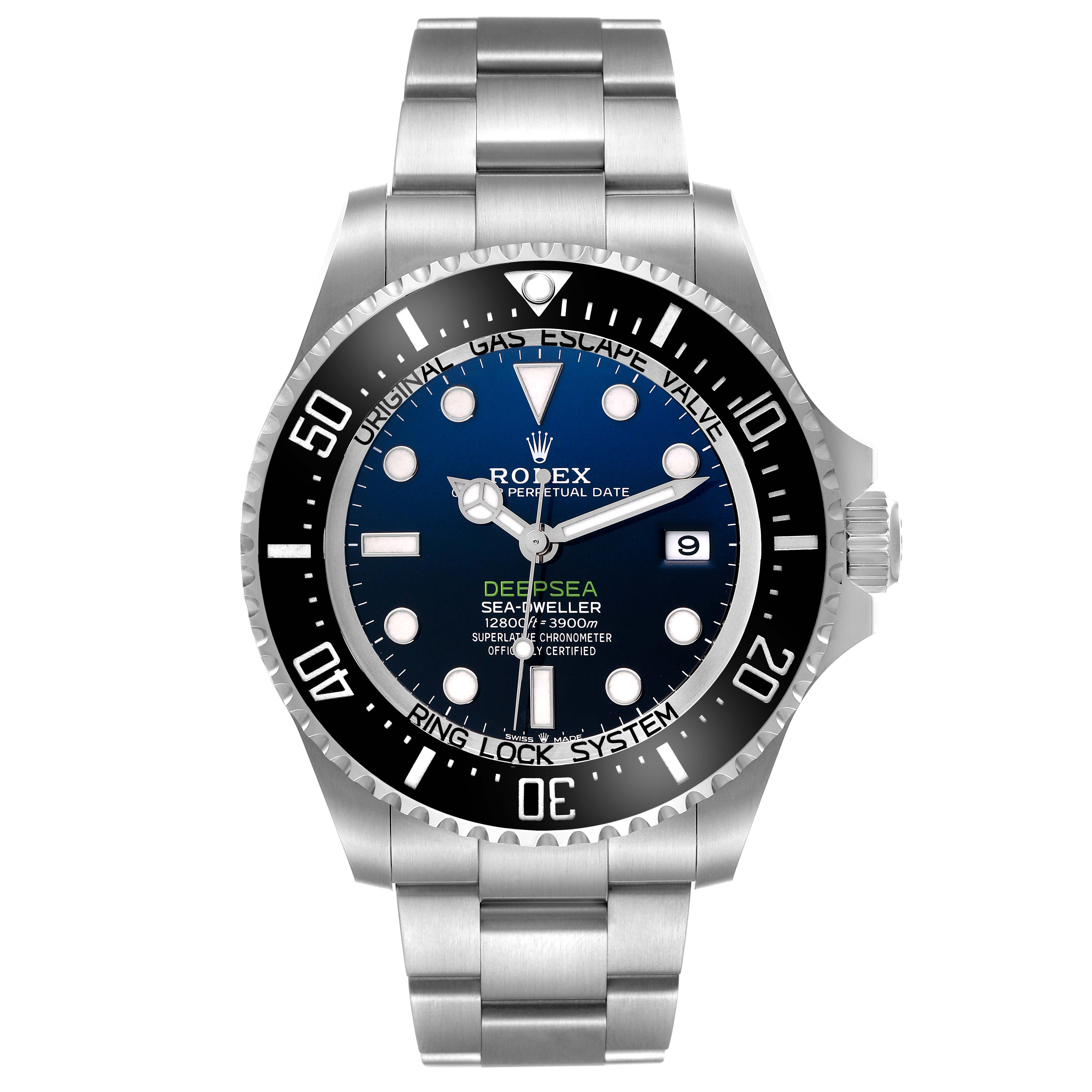 The Rolex Sea-Dweller 136660 Men
s Stainless Steel Blue Dial watch is shown from a front angle, highlighting the dial, bezel, bracelet, and crown.