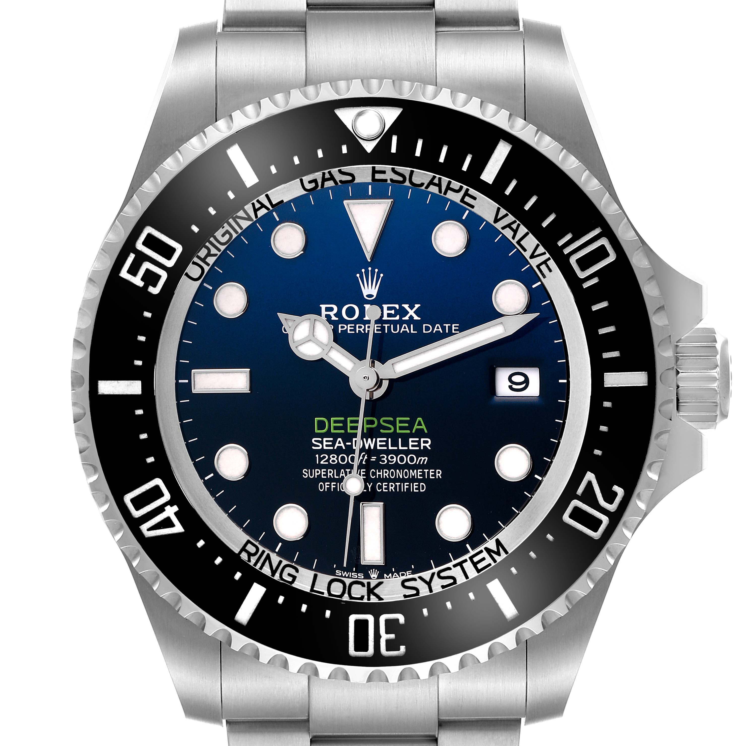 The Rolex Sea-Dweller 136660 Men
s Stainless Steel Blue Dial watch is shown from a front angle, displaying the dial, bezel, and part of the bracelet.