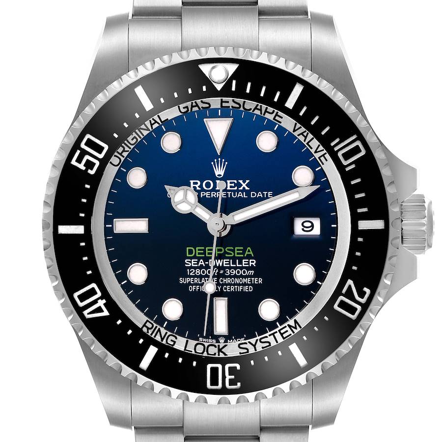 The Rolex Sea-Dweller 136660 Men's Stainless Steel Blue Dial watch is shown from a front angle, displaying the dial, bezel, and part of the bracelet.