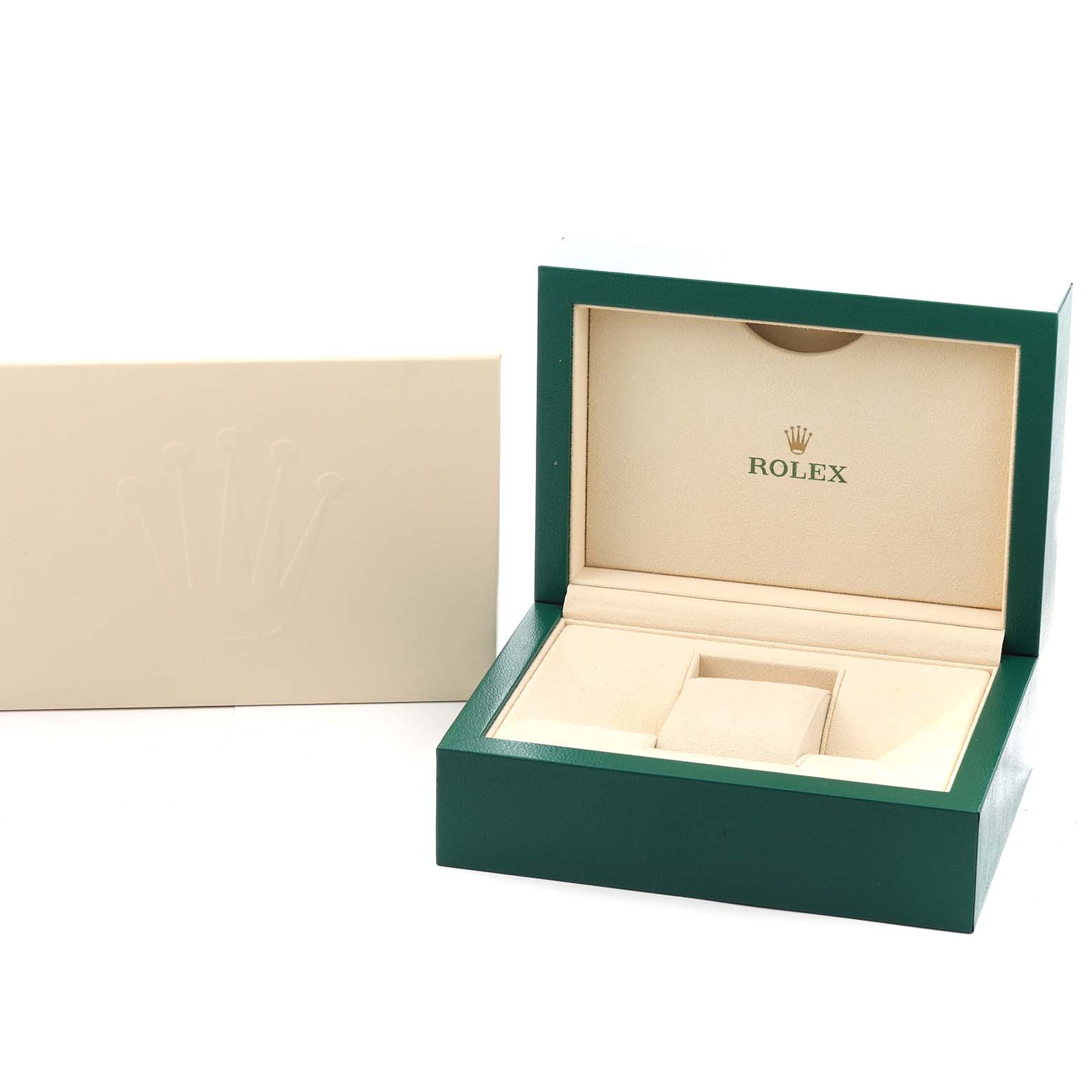 The image shows an open Rolex Sea-Dweller 136660 Men
s Stainless Steel Blue Dial watch box with plush interior and outer cardboard cover, both featuring the brand logo.