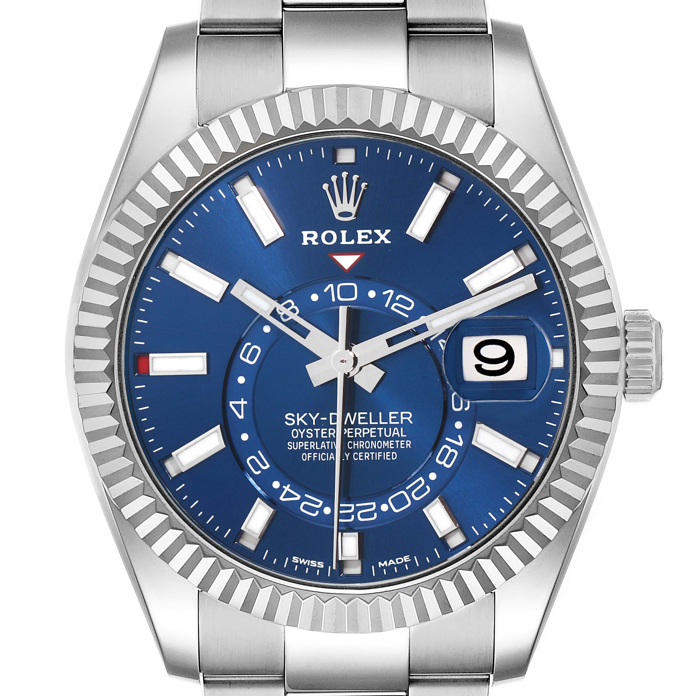 The Rolex Sky-Dweller 326934 Men
s Stainless Steel Blue Dial is shown from the front, featuring a blue dial, fluted bezel, and an Oyster bracelet.
