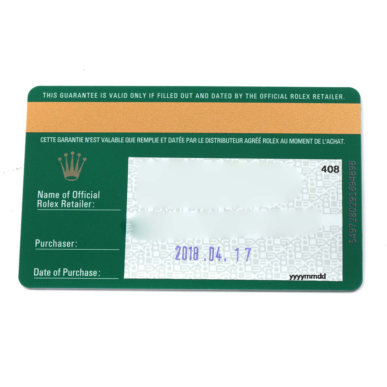 The image shows a warranty card for a Rolex Sky-Dweller 326934 Men
s Stainless Steel Blue Dial, detailing purchase information and retailer details.