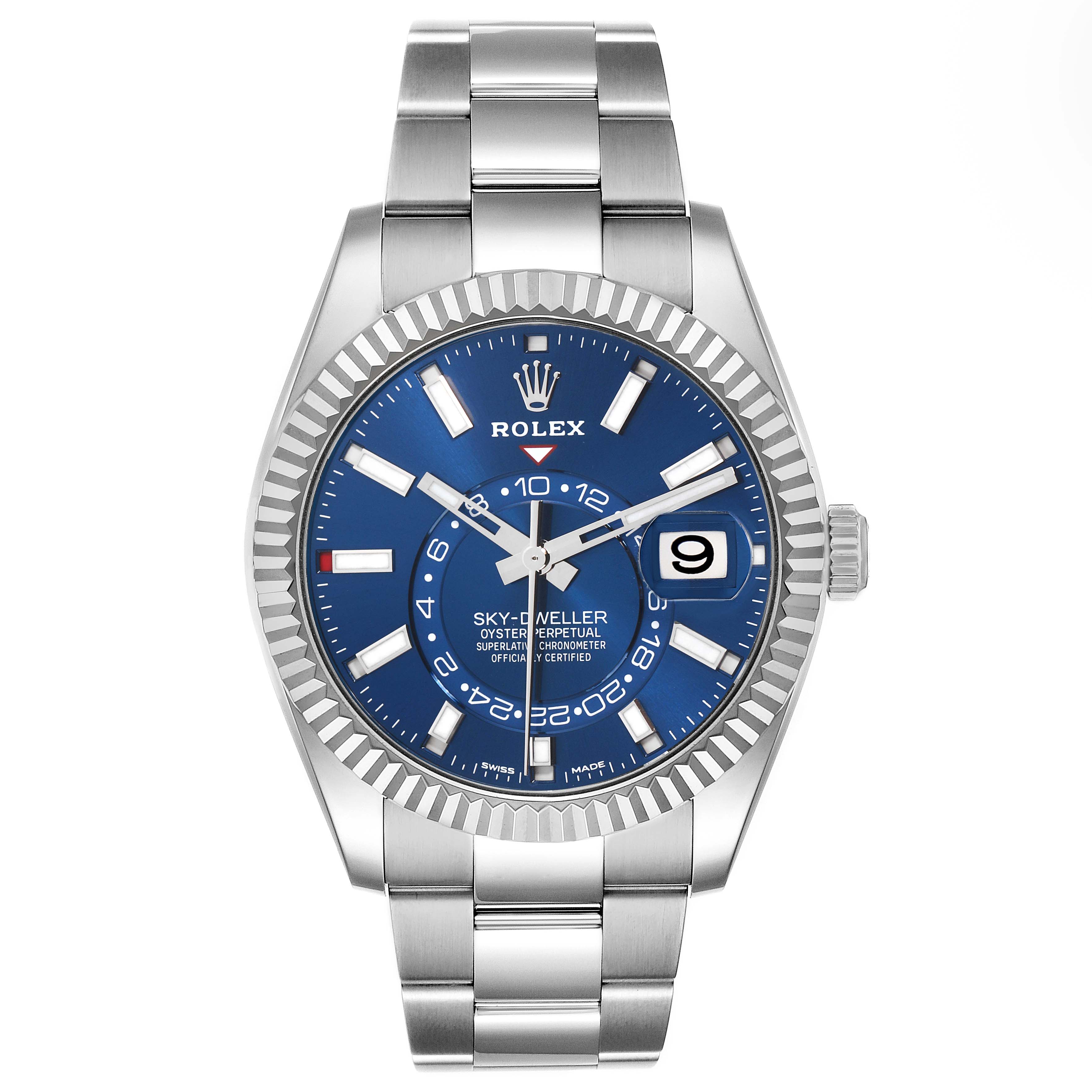 The Rolex Sky-Dweller 326934 Men
s Stainless Steel Blue Dial watch is shown from the front, featuring the dial, bezel, bracelet, and crown.