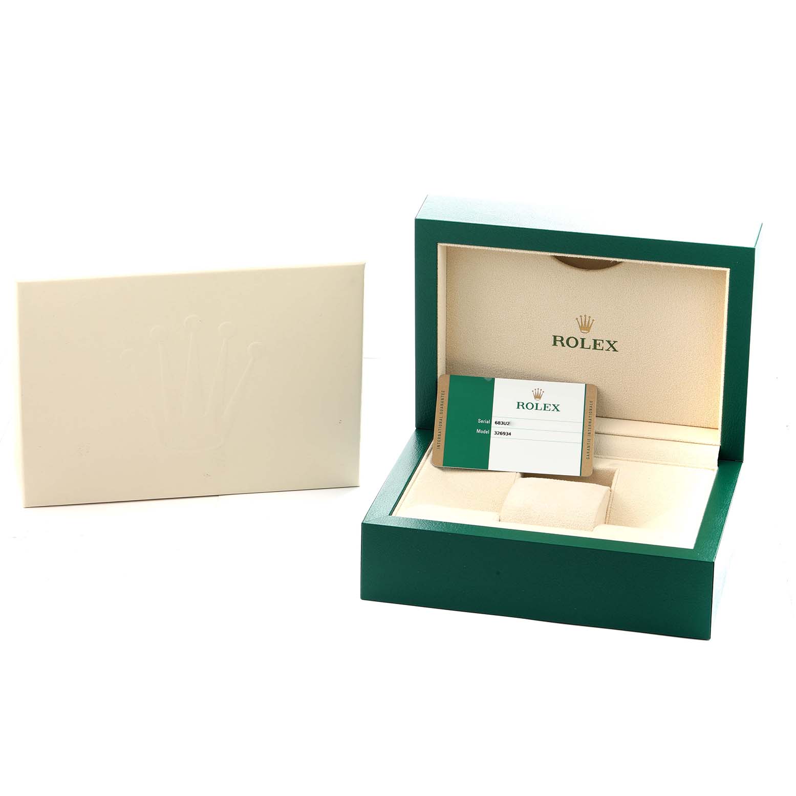 The image shows the Rolex Sky-Dweller 326934 Men
s Stainless Steel Blue Dial packaging, including a green box, card, and cream outer covering.