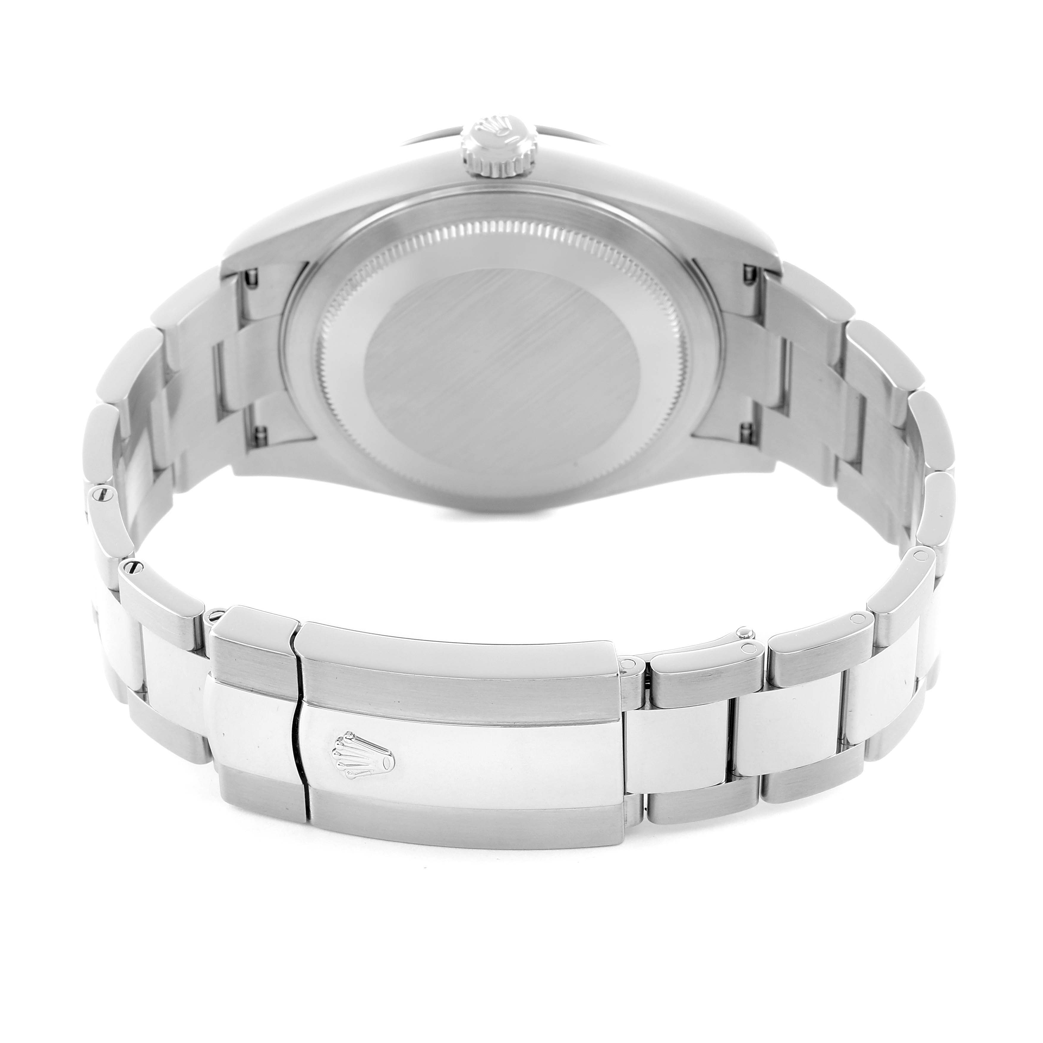 The image shows the back view of the Rolex Sky-Dweller 326934 Men
s Stainless Steel Blue Dial, highlighting its bracelet and case back.