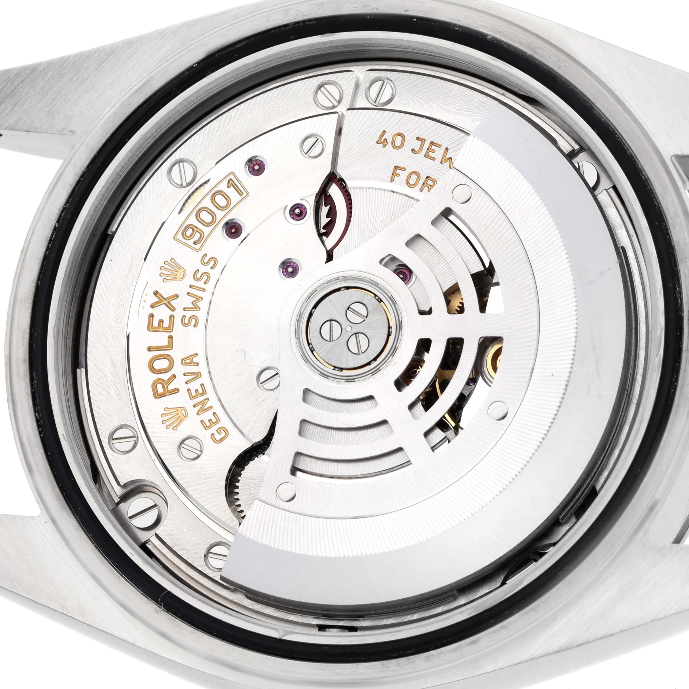 The image shows the back of a Rolex Sky-Dweller 326934 Men
s Stainless Steel Blue Dial watch, highlighting the intricate movement mechanism.