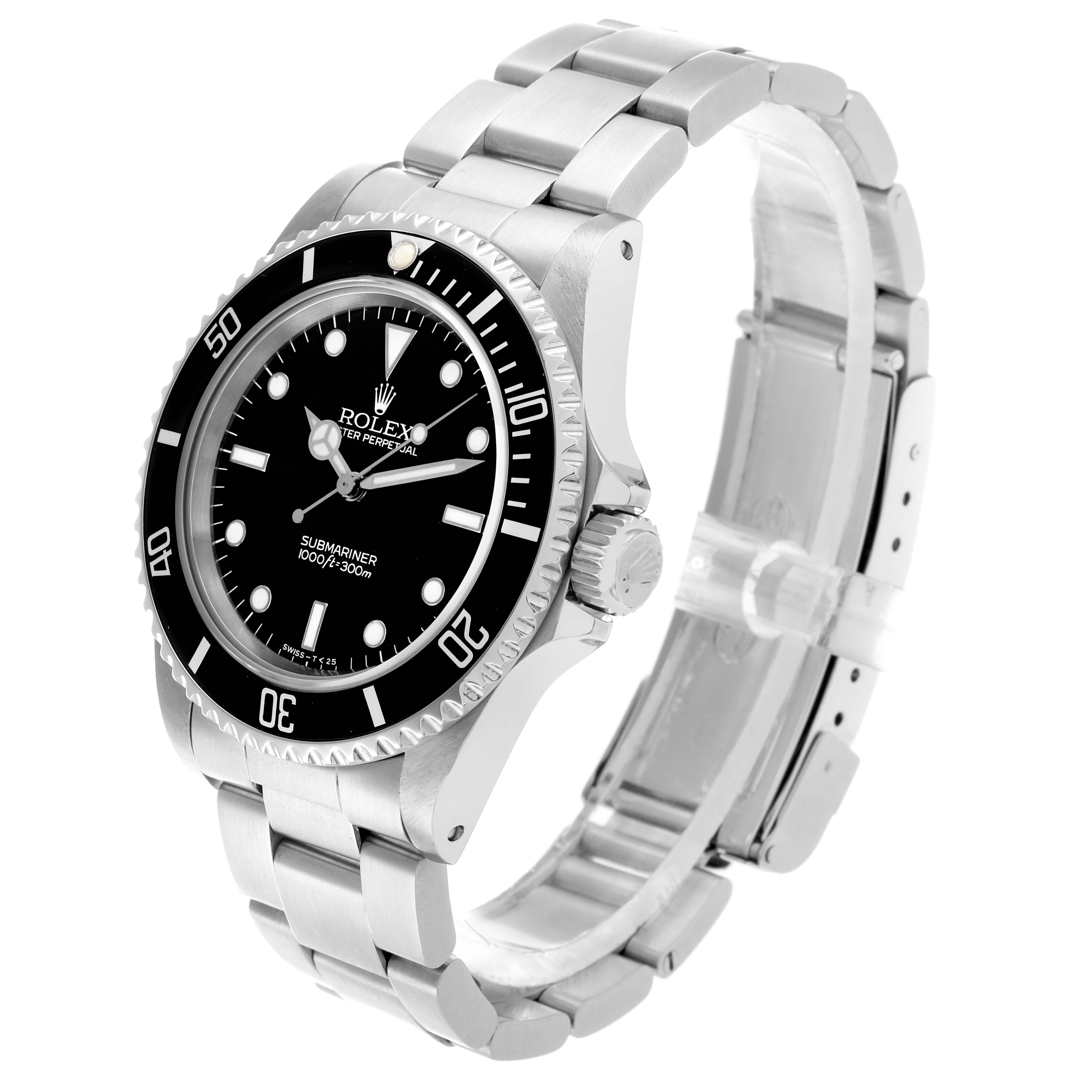 The Rolex Submariner 14060 Men
s Stainless Steel Black Dial watch is shown at a three-quarter angle, highlighting the face, bezel, crown, and bracelet.