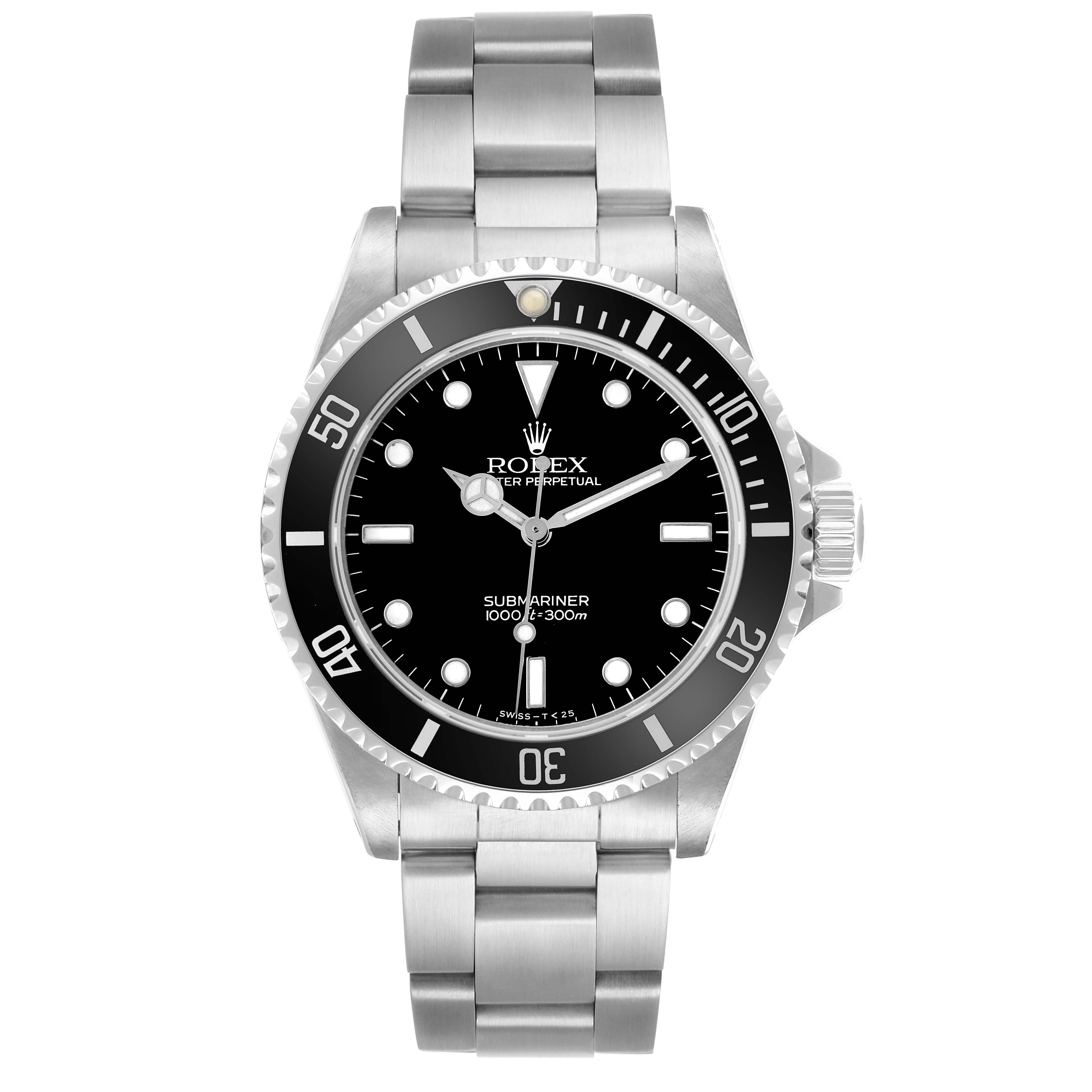 The Rolex Submariner 14060 Men
s Stainless Steel Black Dial watch is shown from a front angle, displaying the dial, bezel, and bracelet clearly.