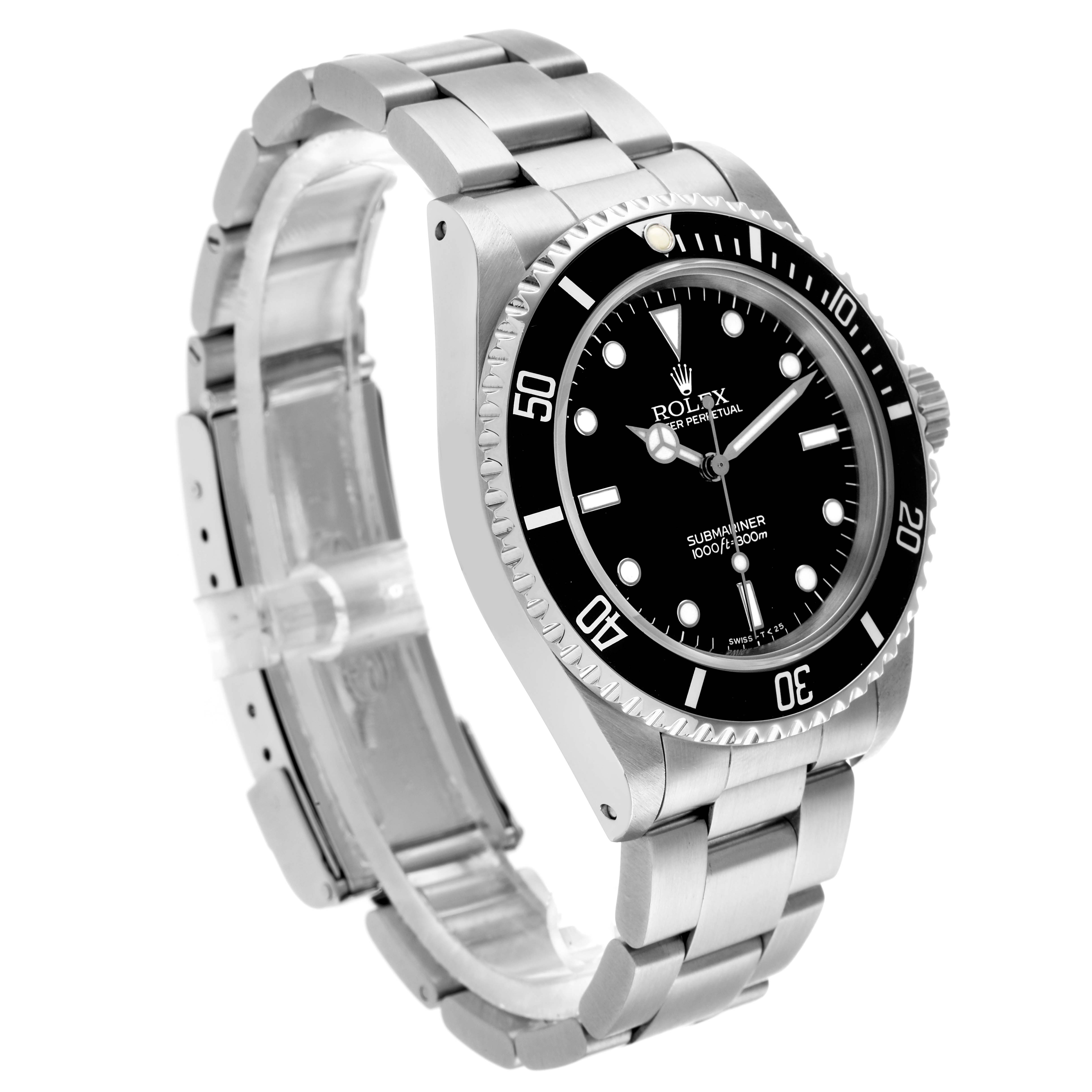 The Rolex Submariner 14060 Men
s Stainless Steel Black Dial watch is shown at a three-quarter angle, highlighting its bezel, case, and bracelet.