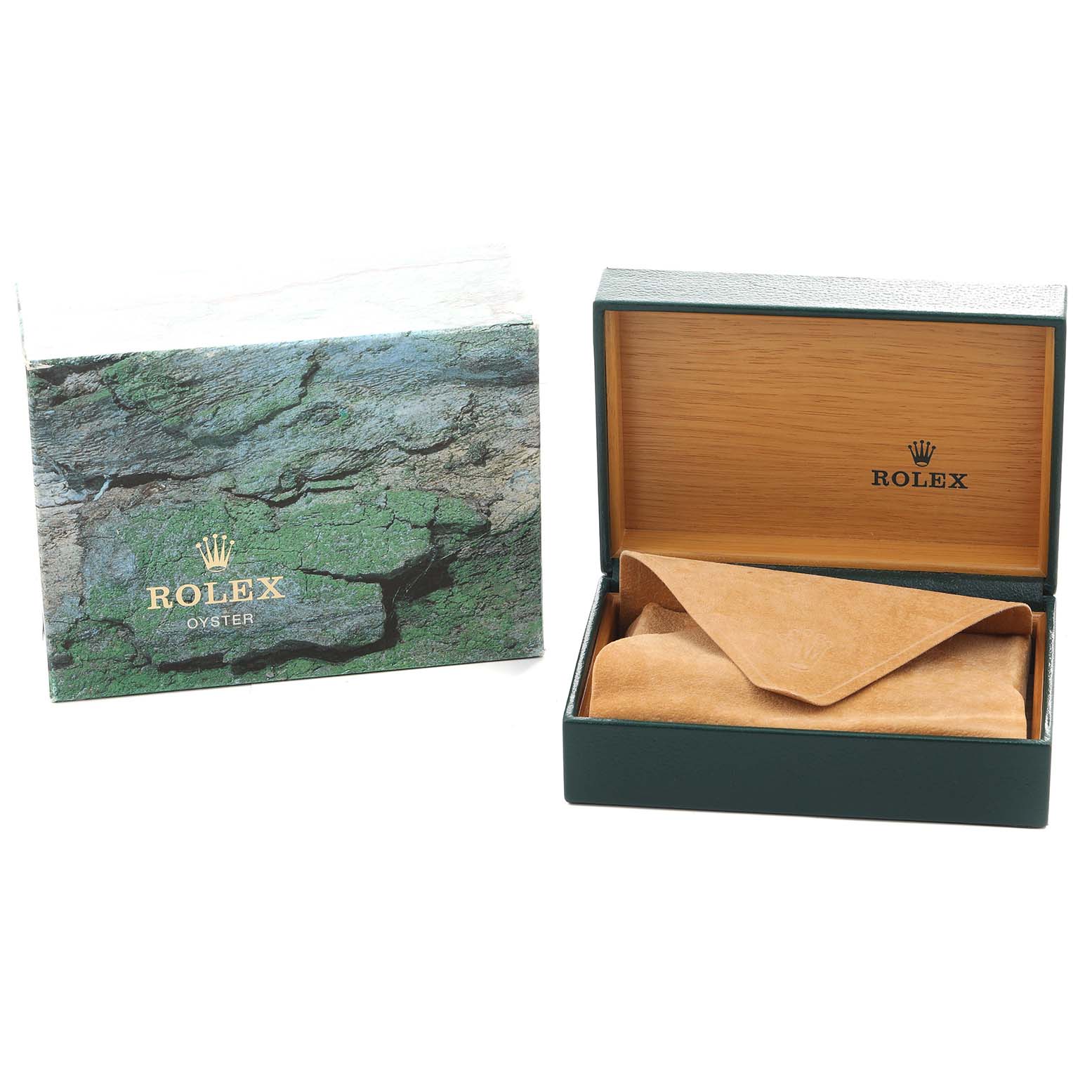 The image shows a Rolex Submariner 14060 Men
s Stainless Steel Black Dial packaging with an open watch box and an outer textured box.