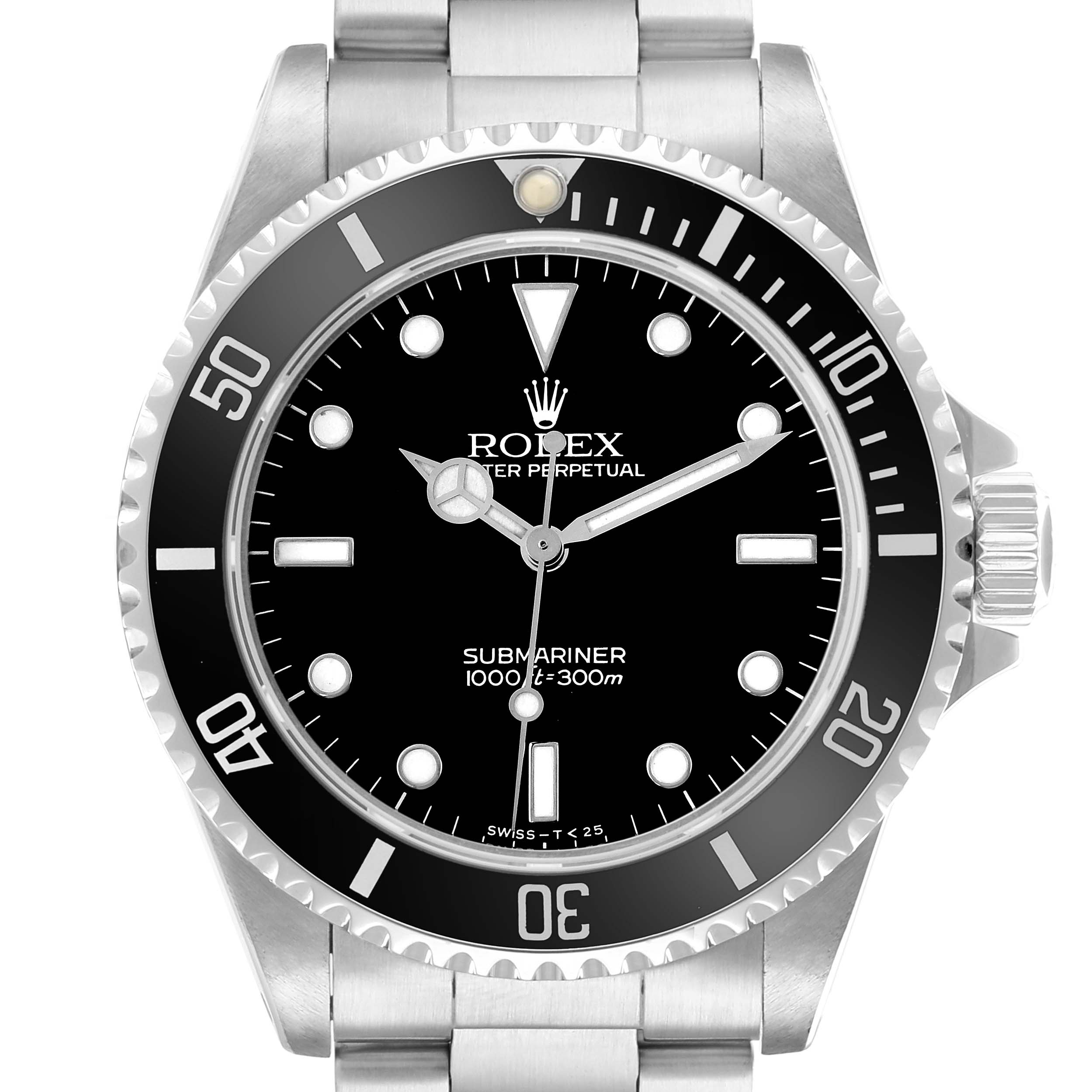 The image shows a frontal view of the Rolex Submariner 14060 Men
s Stainless Steel Black Dial watch, highlighting the dial, bezel, and part of the bracelet.