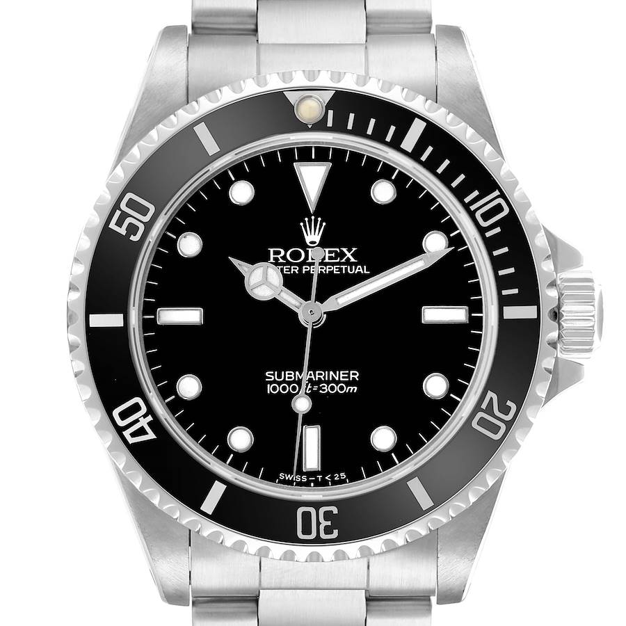 The image shows a frontal view of the Rolex Submariner 14060 Men's Stainless Steel Black Dial watch, highlighting the dial, bezel, and part of the bracelet.