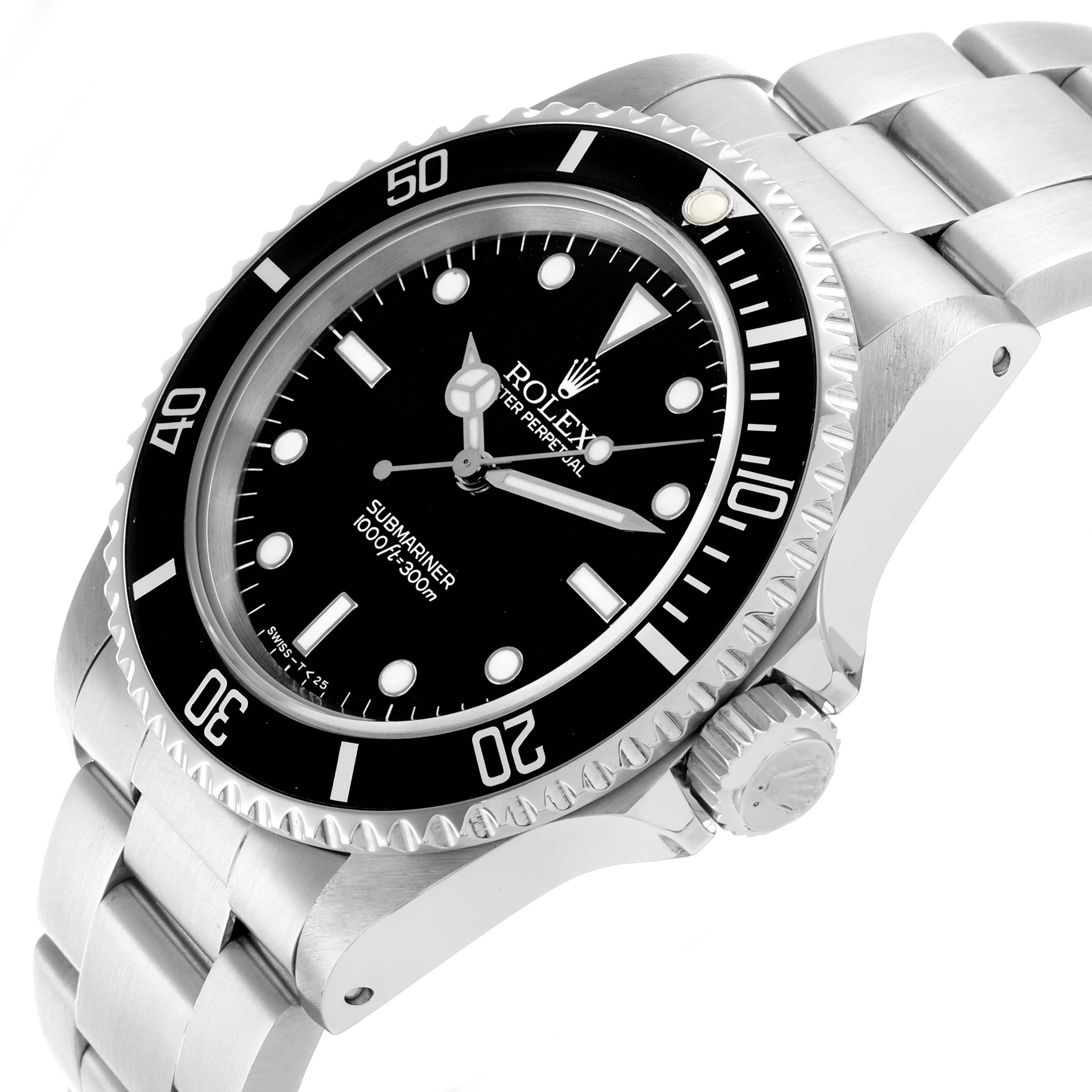 The Rolex Submariner 14060 Men
s Stainless Steel Black Dial watch is shown at an angled view, displaying the bezel, face, crown, and part of the bracelet.