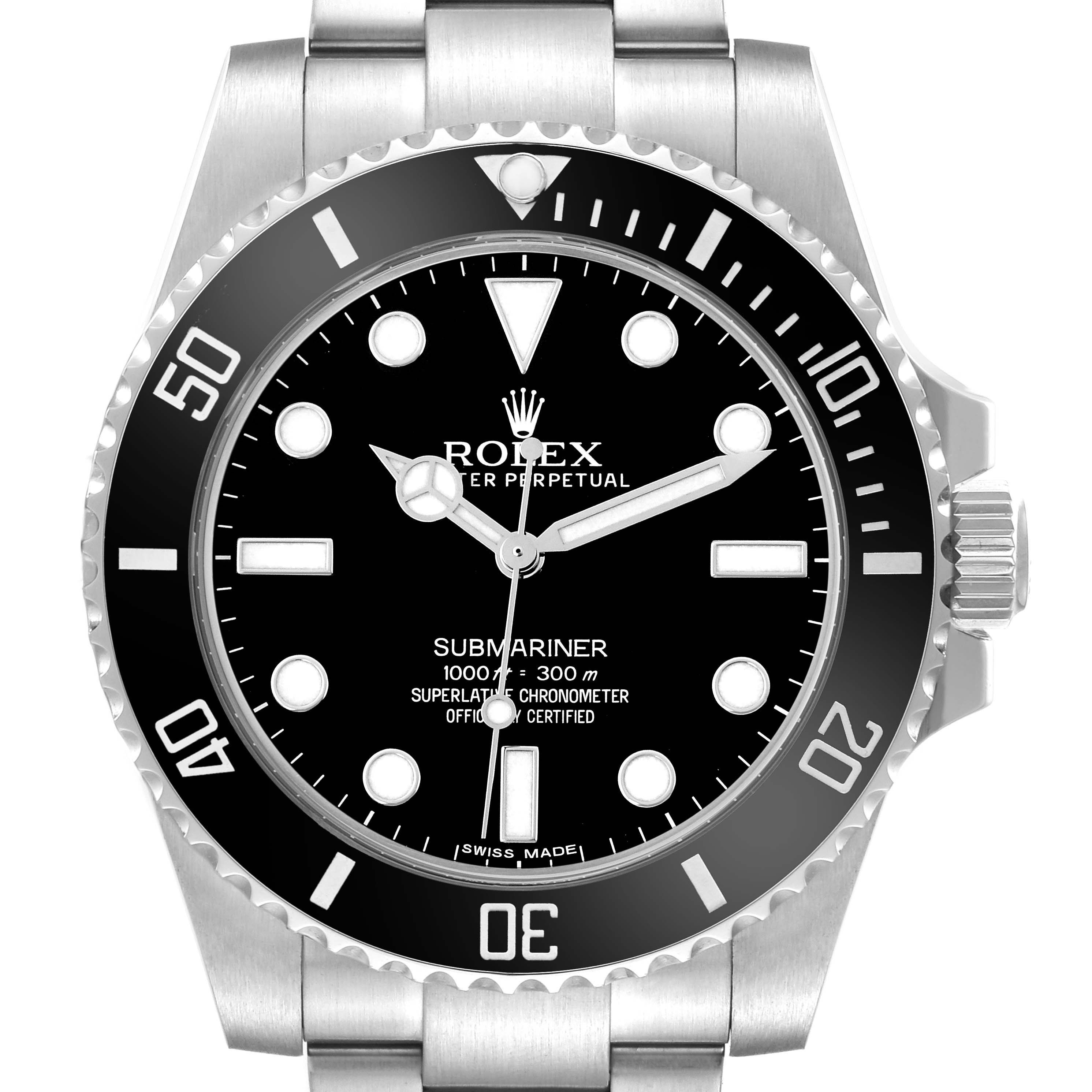 This image shows a frontal view of a Rolex Submariner 114060 Men
s Stainless Steel Black Dial watch, featuring the dial, bezel, crown, and part of the bracelet.