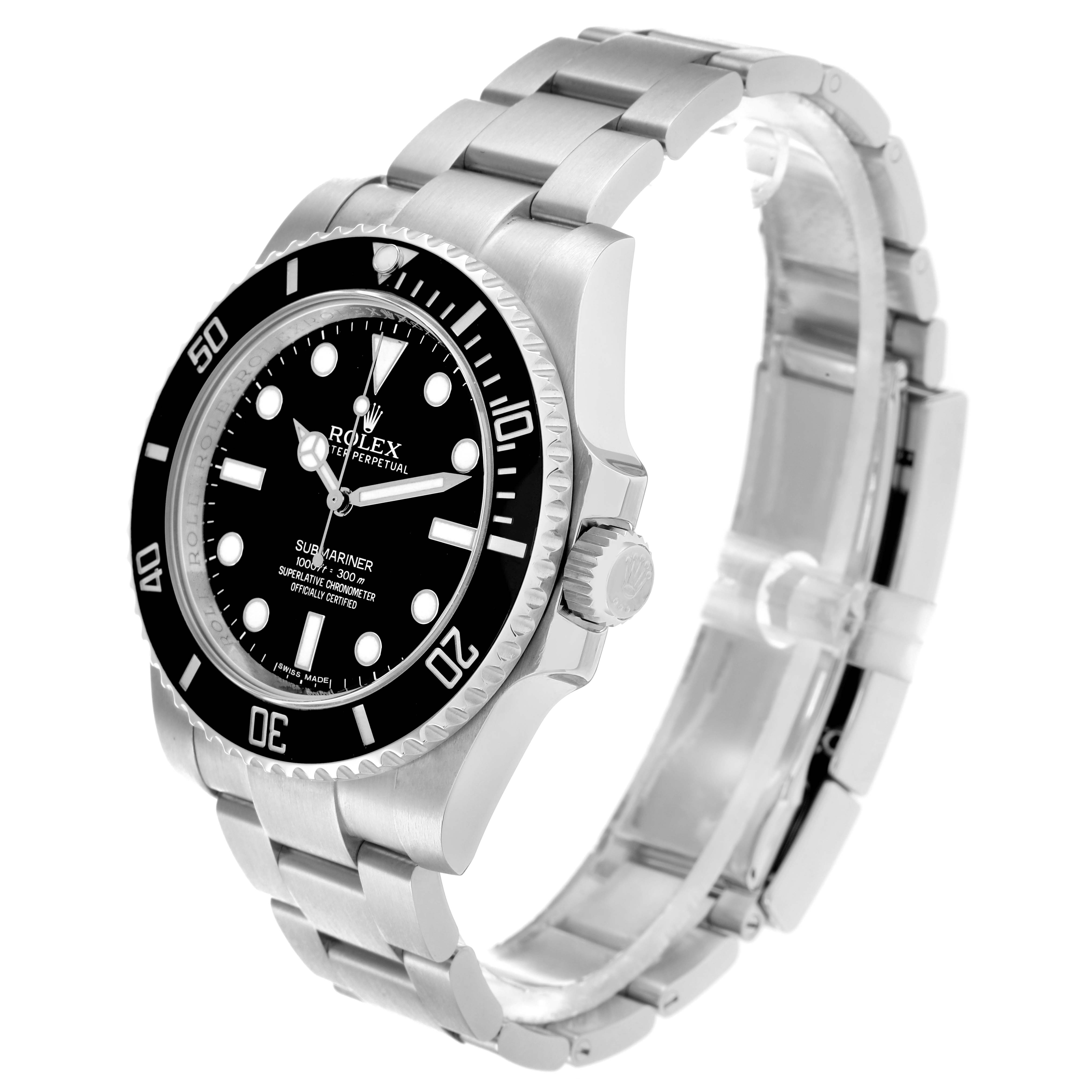 The Rolex Submariner 114060 Men
s Stainless Steel Black Dial watch is shown at a three-quarter angle, highlighting the face, bezel, and bracelet.