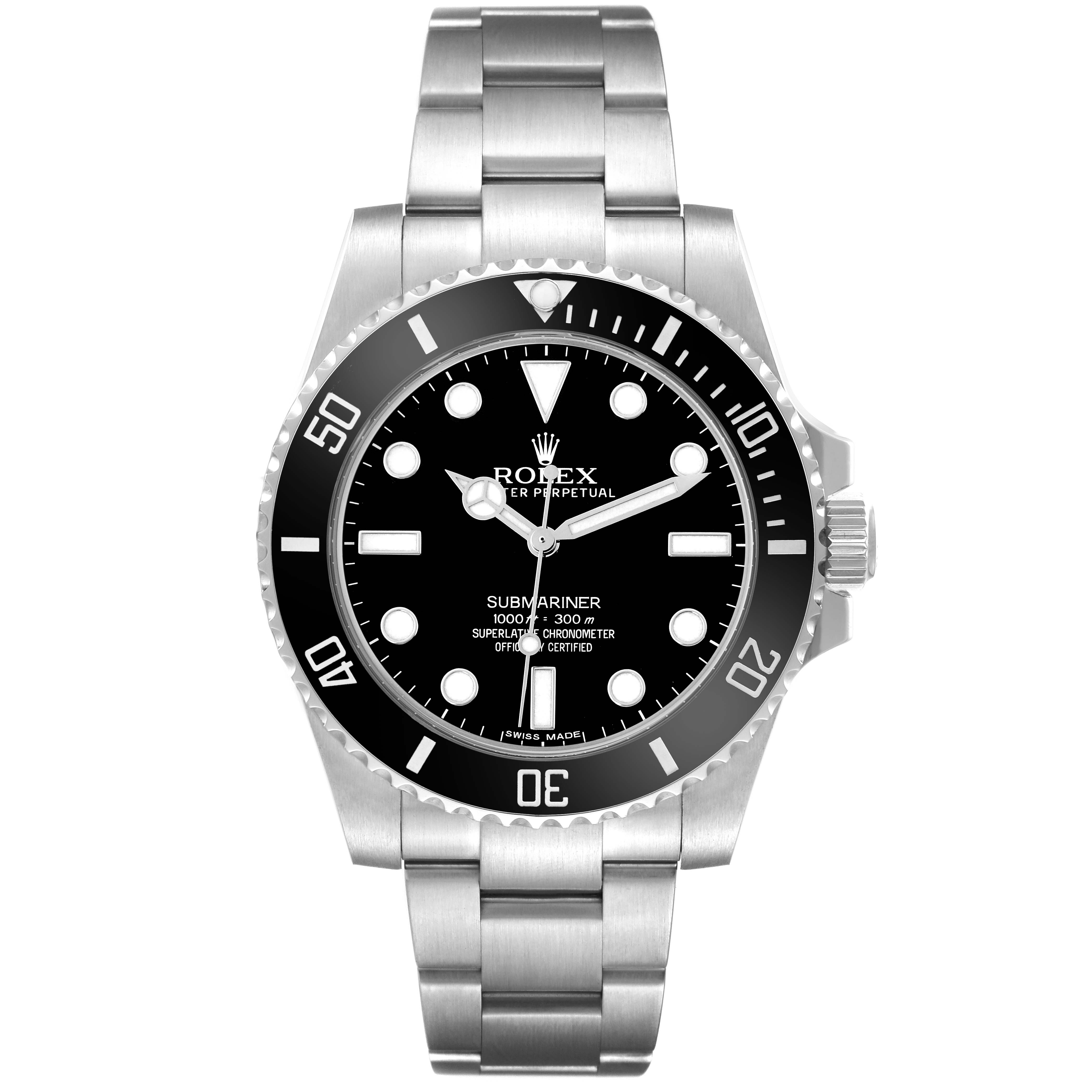 The Rolex Submariner 114060 Men
s Stainless Steel Black Dial watch is shown from a front view, highlighting its dial, bezel, and bracelet.