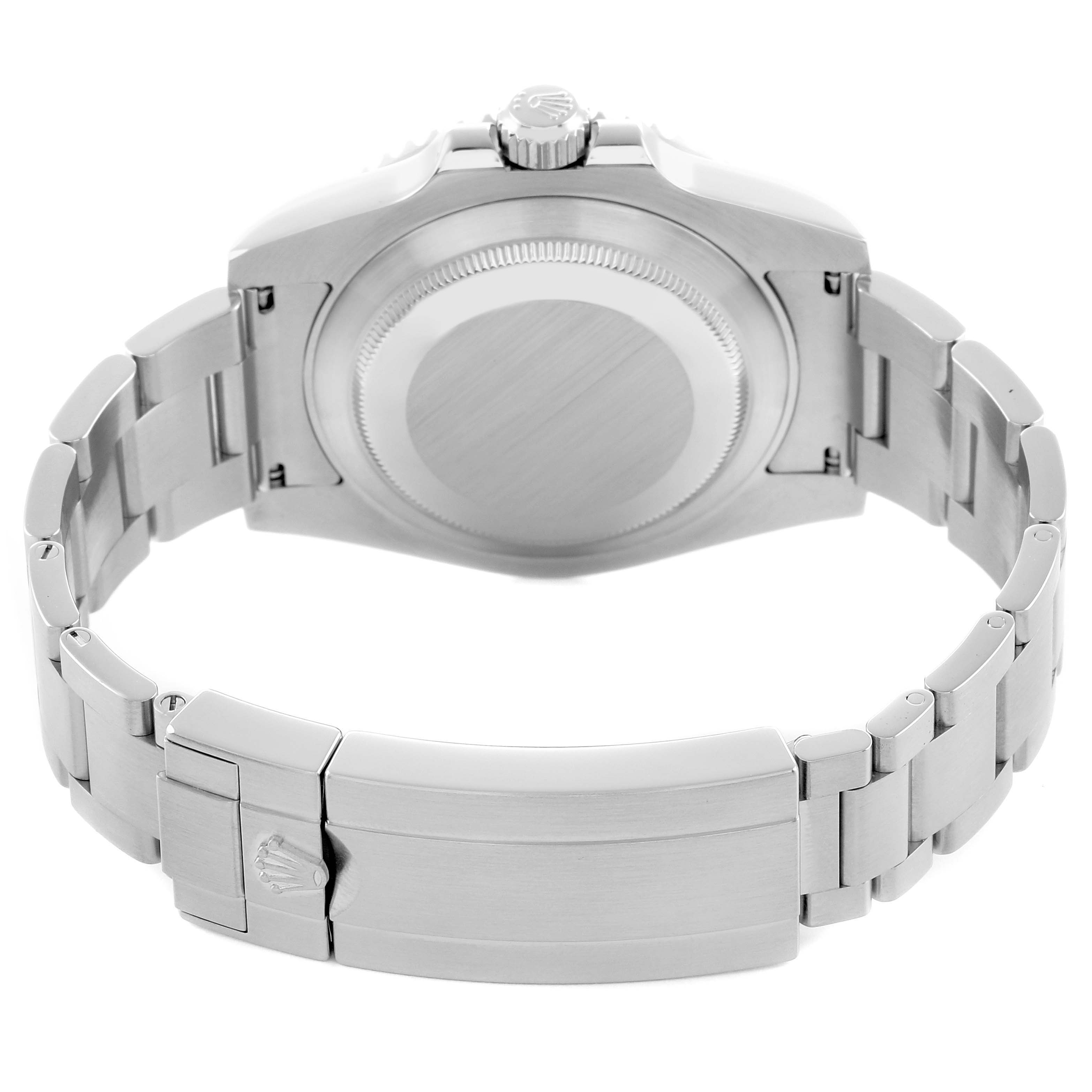 The image shows the back view of a Rolex Submariner 114060 Men
s Stainless Steel Black Dial, highlighting the case back, crown, and clasp of the metal bracelet.