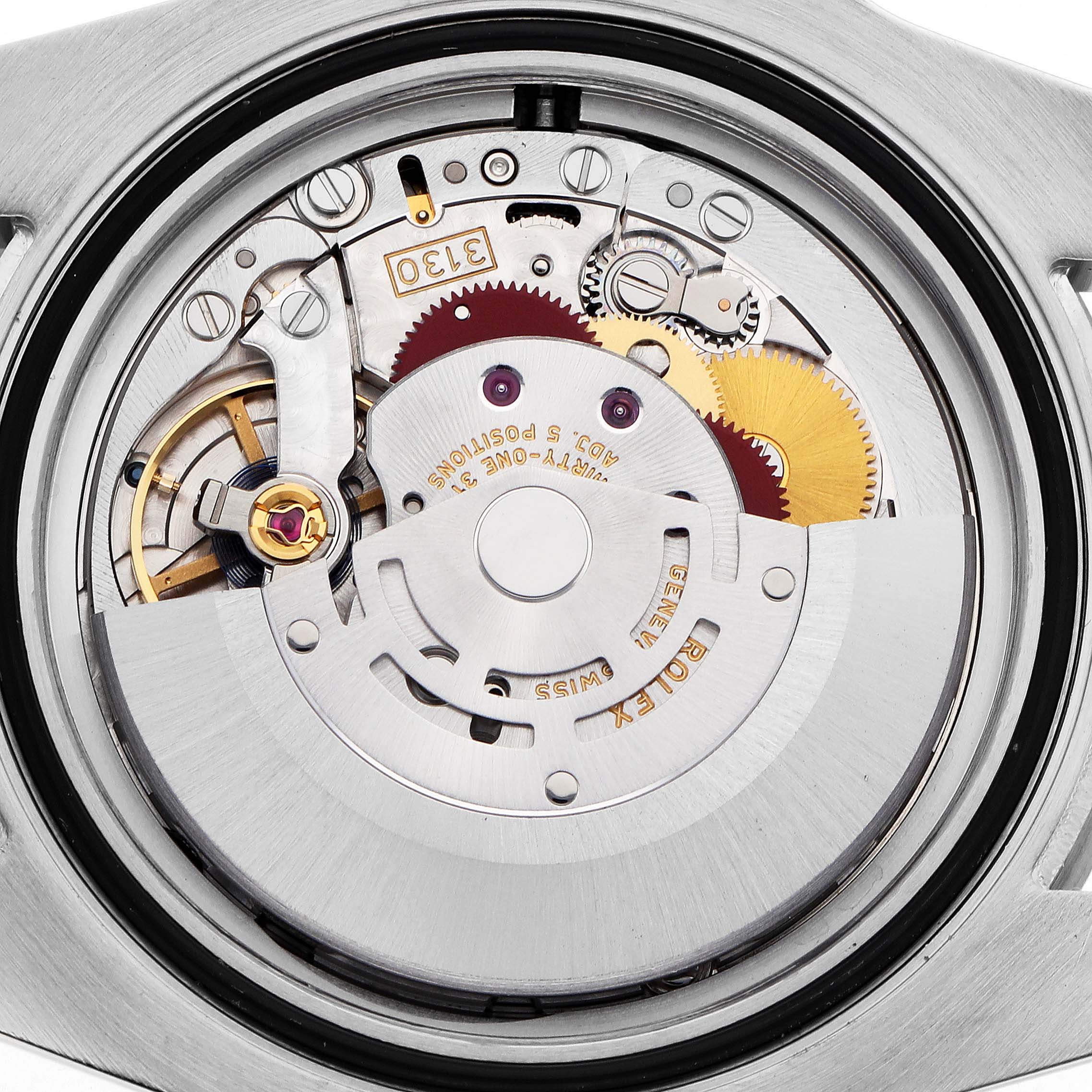 The image shows the movement of a Rolex Submariner 114060 Men
s Stainless Steel Black Dial from a top-down angle, highlighting internal mechanical parts and gears.