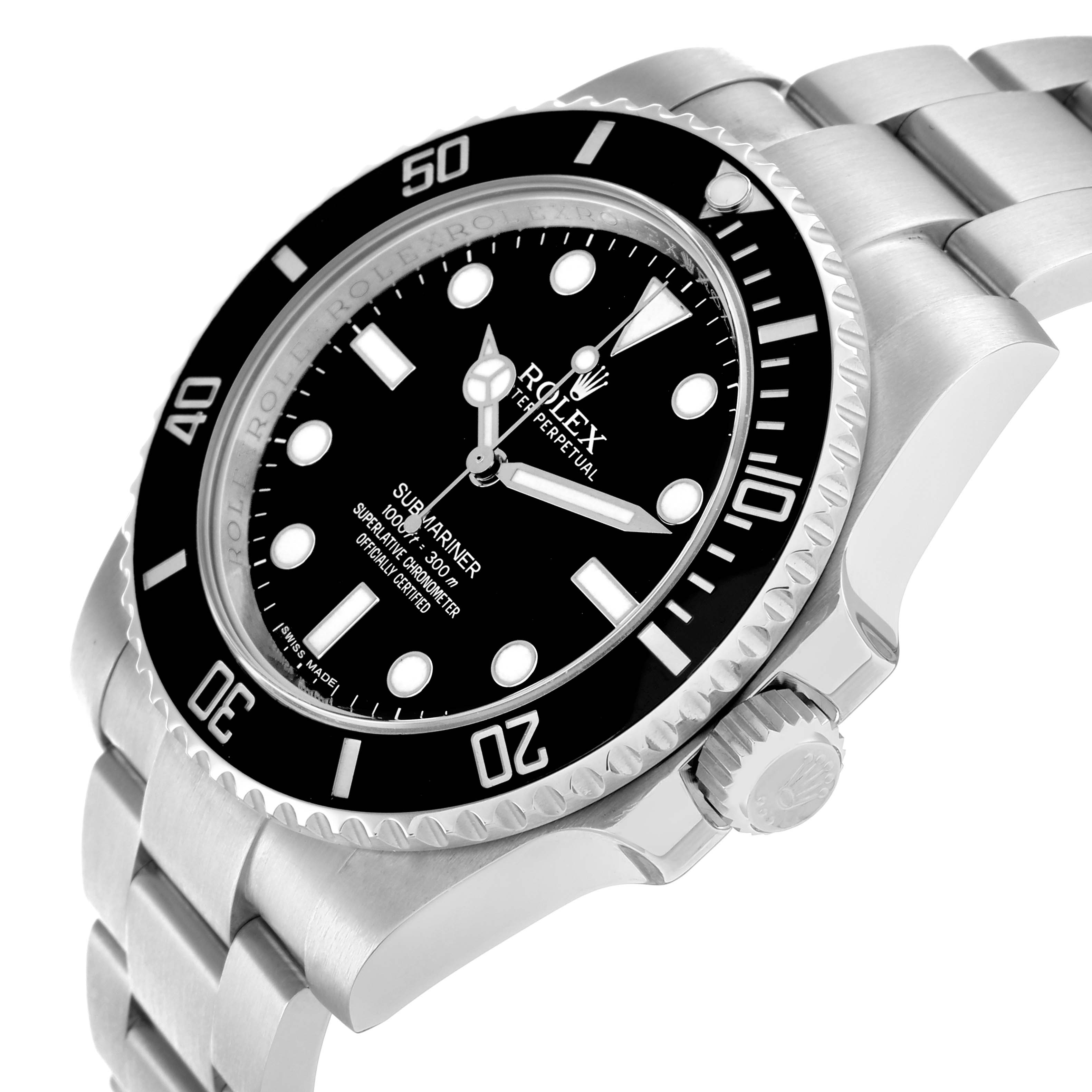 The Rolex Submariner 114060 Men
s Stainless Steel Black Dial watch is shown at a side angle, highlighting the bezel, dial, and part of the bracelet and crown.