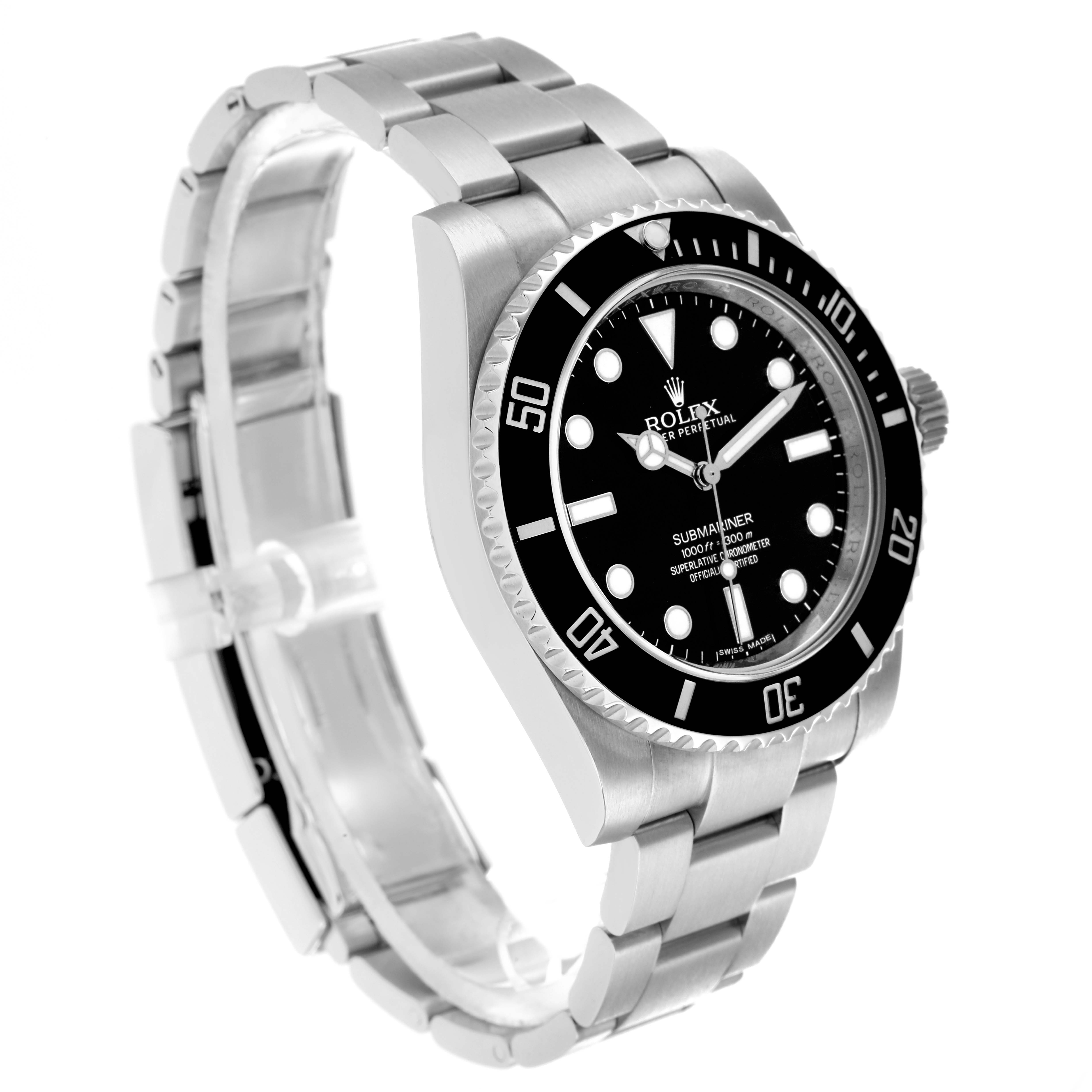 The Rolex Submariner 114060 Men
s Stainless Steel Black Dial watch is shown at a three-quarter angle, displaying the bezel, dial, bracelet, and crown.