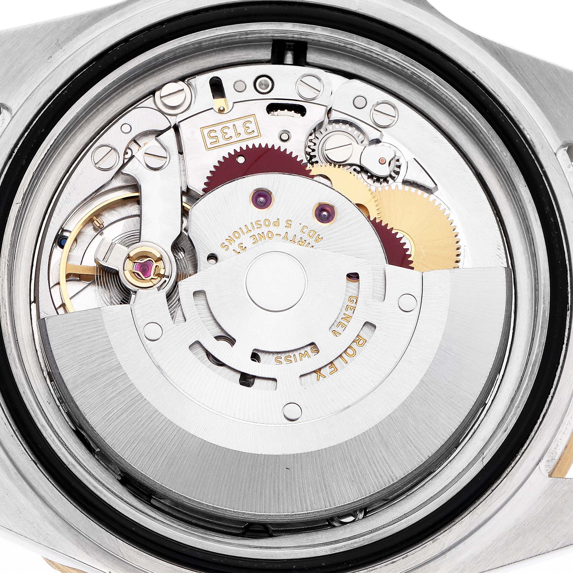The image shows the movement mechanism of a Rolex Submariner 16613 Men
s Steel and Gold (two tone) Black Dial watch from a back view angle.