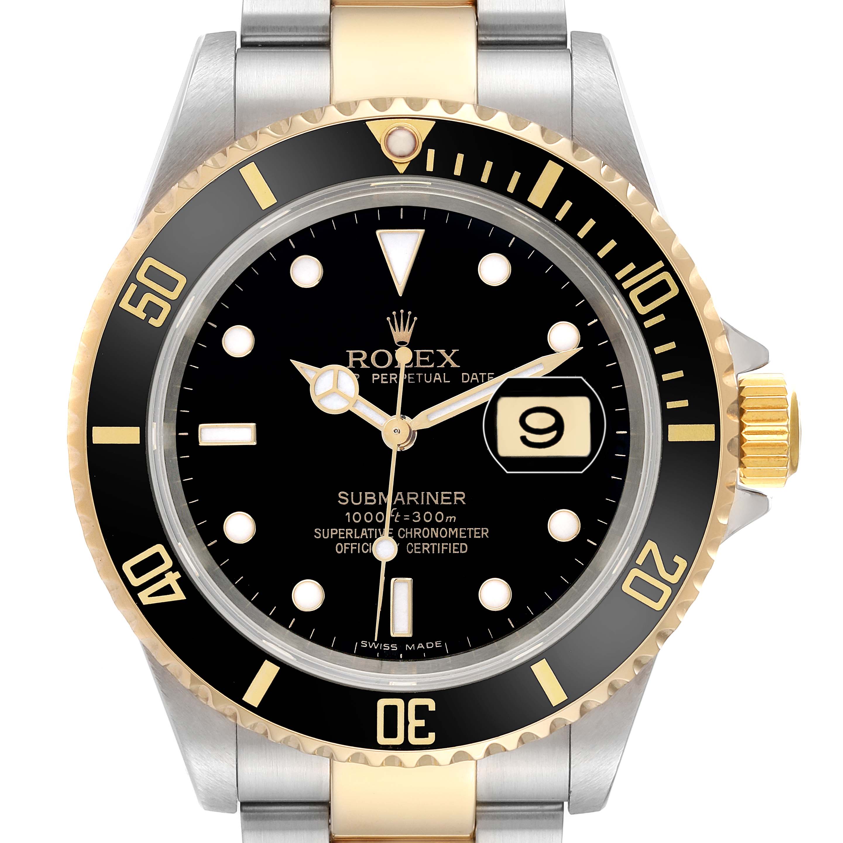 The Rolex Submariner 16613 Men
s Steel and Gold (two tone) Black Dial watch is shown from a front view, highlighting its face, bezel, crown, and part of the bracelet.