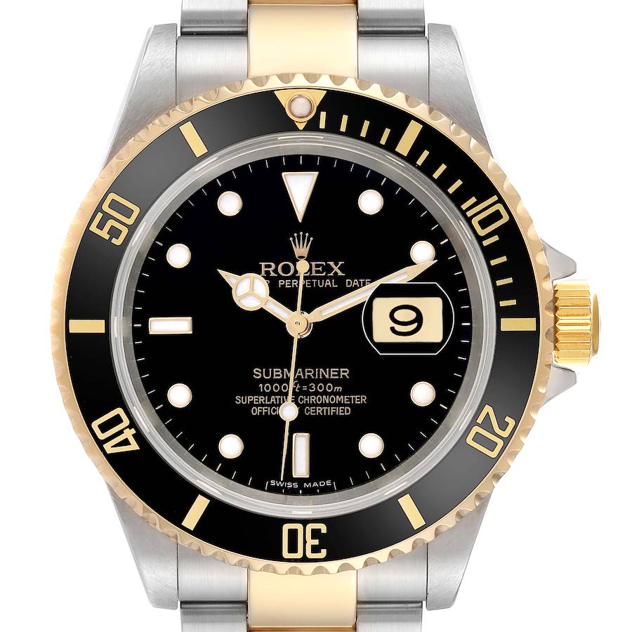 The Rolex Submariner 16613 Men's Steel and Gold (two tone) Black Dial watch is shown from a front view, highlighting its face, bezel, crown, and part of the bracelet.