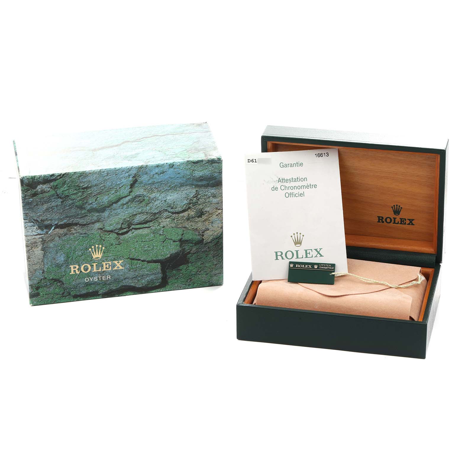 The image shows a Rolex Submariner 16613 Men
s Steel and Gold (two tone) Black Dial
s packaging, including a green box, an inner wooden box, and accompanying documents.