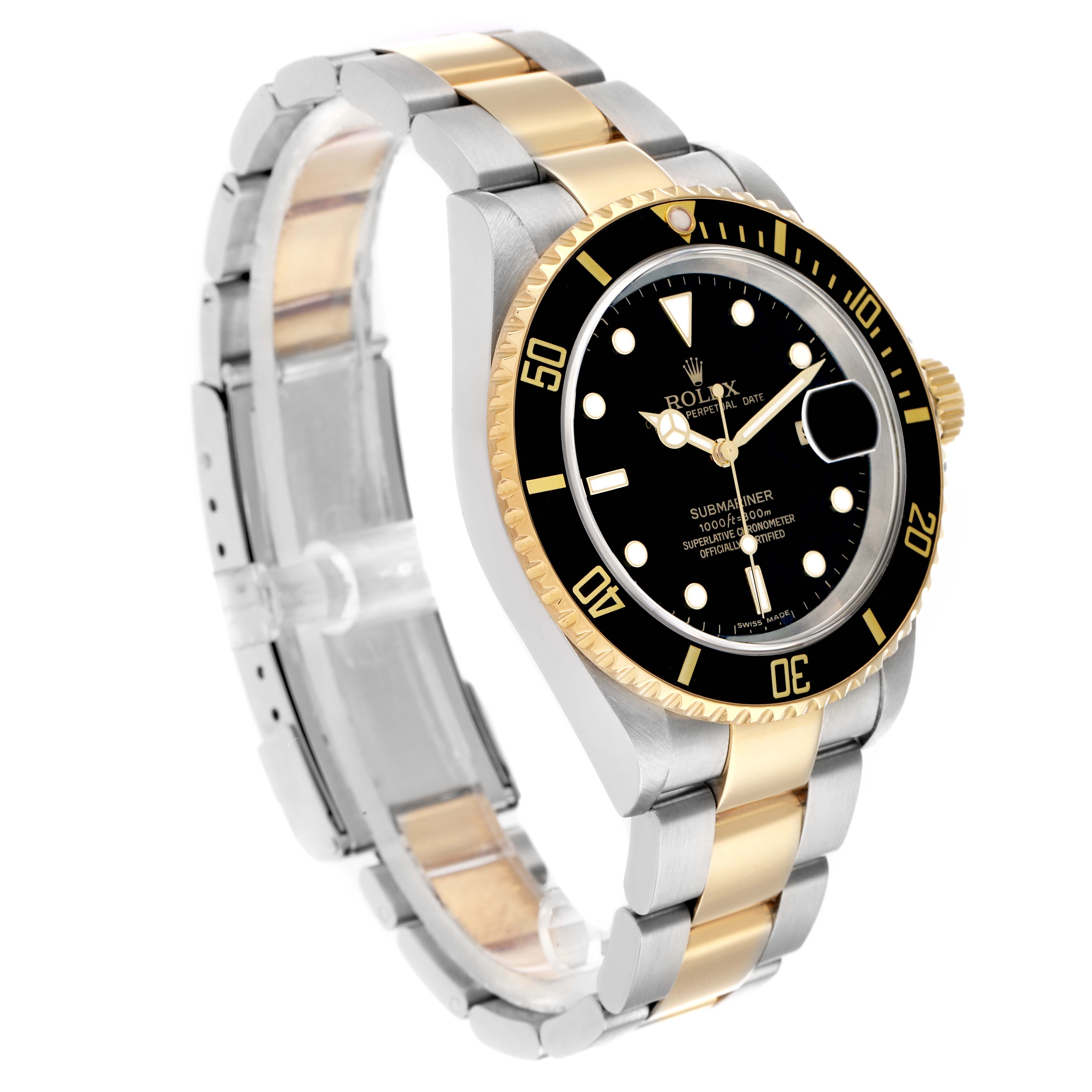 The Rolex Submariner 16613 Men
s Steel and Gold (two tone) Black Dial is shown at a three-quarter angle, highlighting the black dial, gold bezel, and two-tone bracelet.