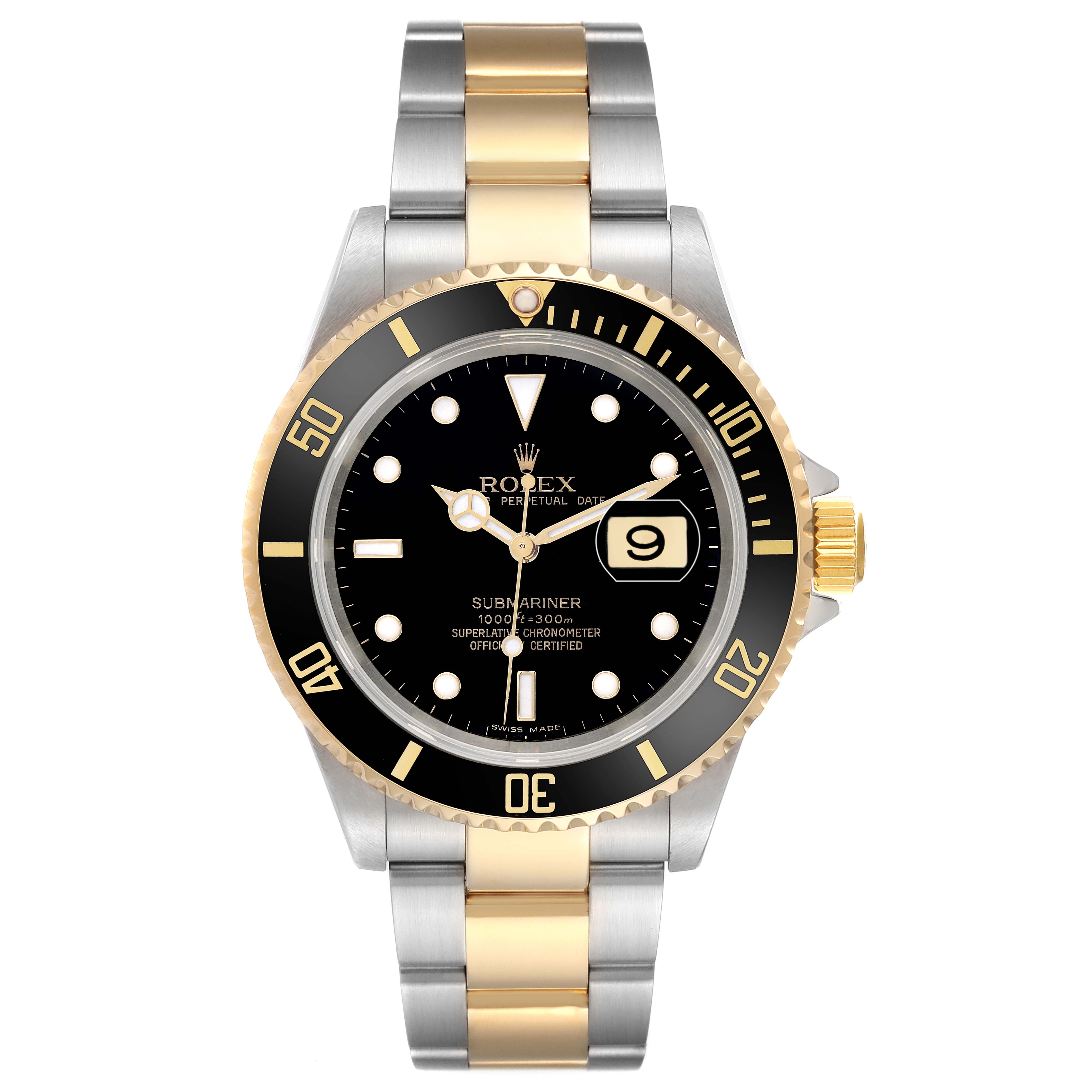 The Rolex Submariner 16613 Men
s Steel and Gold (two tone) Black Dial is shown from the front, displaying the dial, bezel, and bracelet clearly.