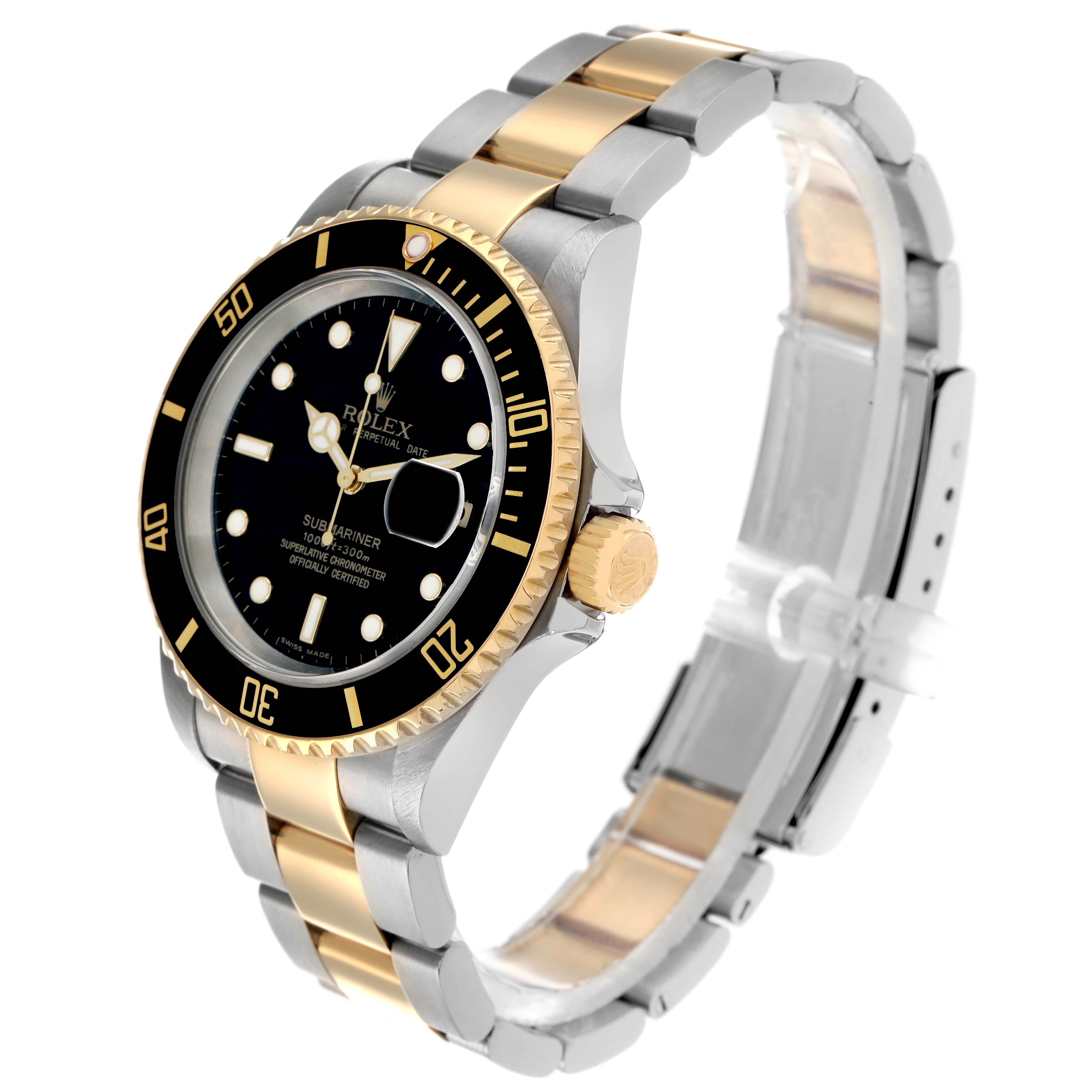 The Rolex Submariner 16613 Men
s Steel and Gold (two tone) Black Dial watch is shown at a three-quarter angle, highlighting the bezel, crown, and bracelet.