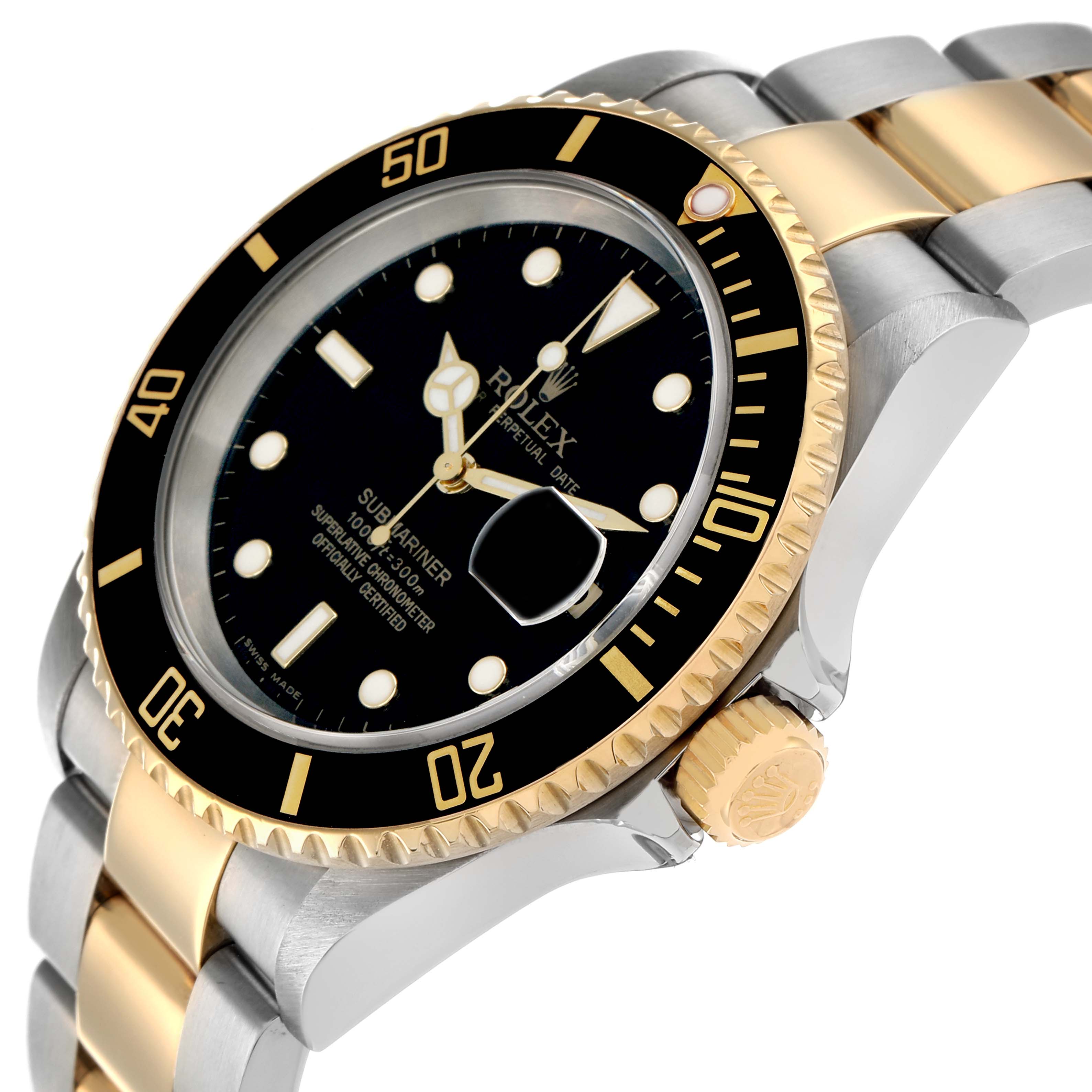 The Rolex Submariner 16613 Men
s Steel and Gold (two tone) Black Dial is shown at an oblique angle, highlighting the bezel, crown, and two-tone bracelet.